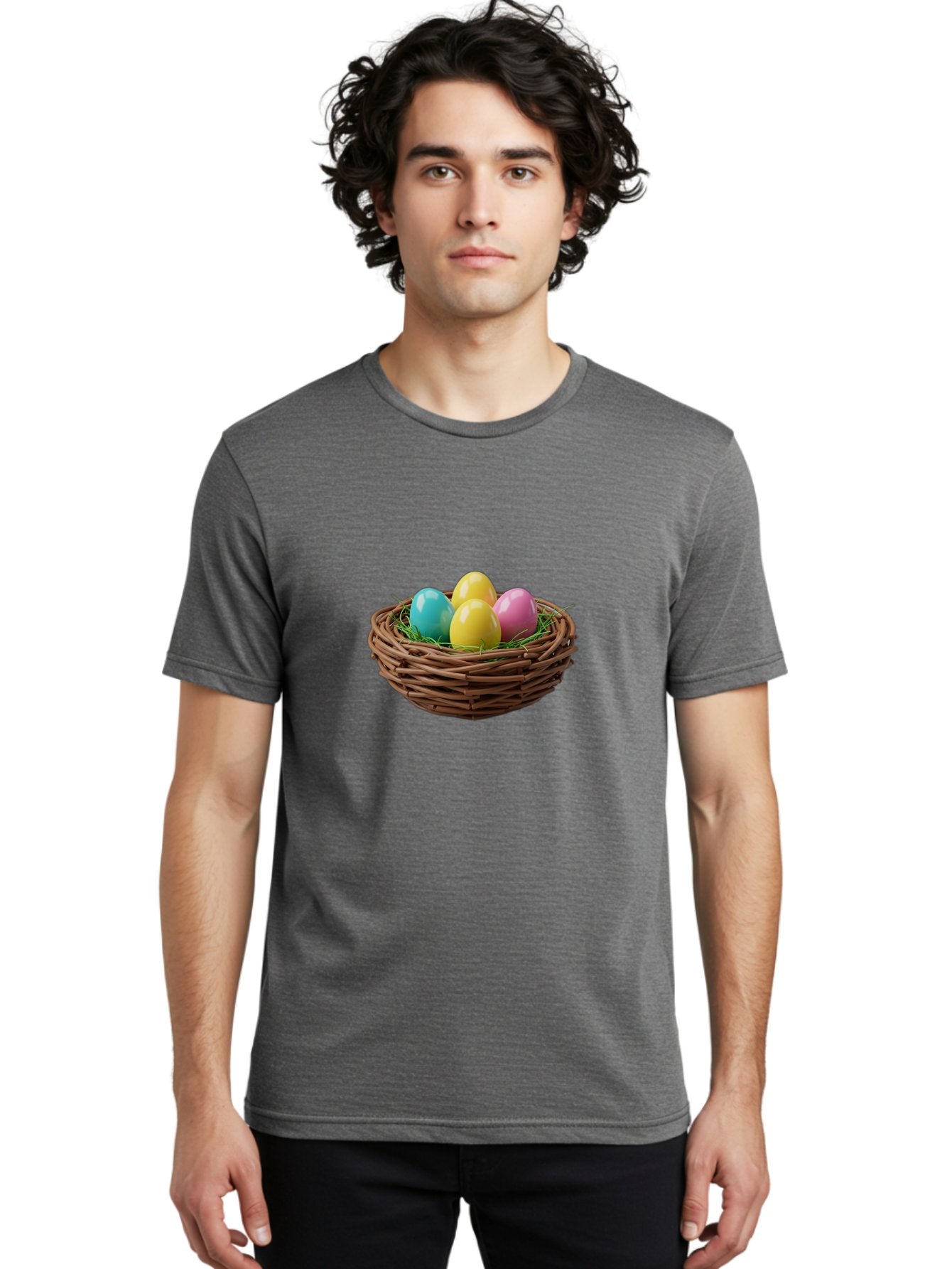Easter-Eggs-In-Basket Men'S Graphic Tee, 100% Cotton, Comfortable Casual Summer Wear, Machine Washable, Colorful Easter Eggs, Easter Basket, Springtime Decorations, Wicker Basket, Blue Egg, Yellow Eggs, Pink Egg, Festive Colors, Baa616 21