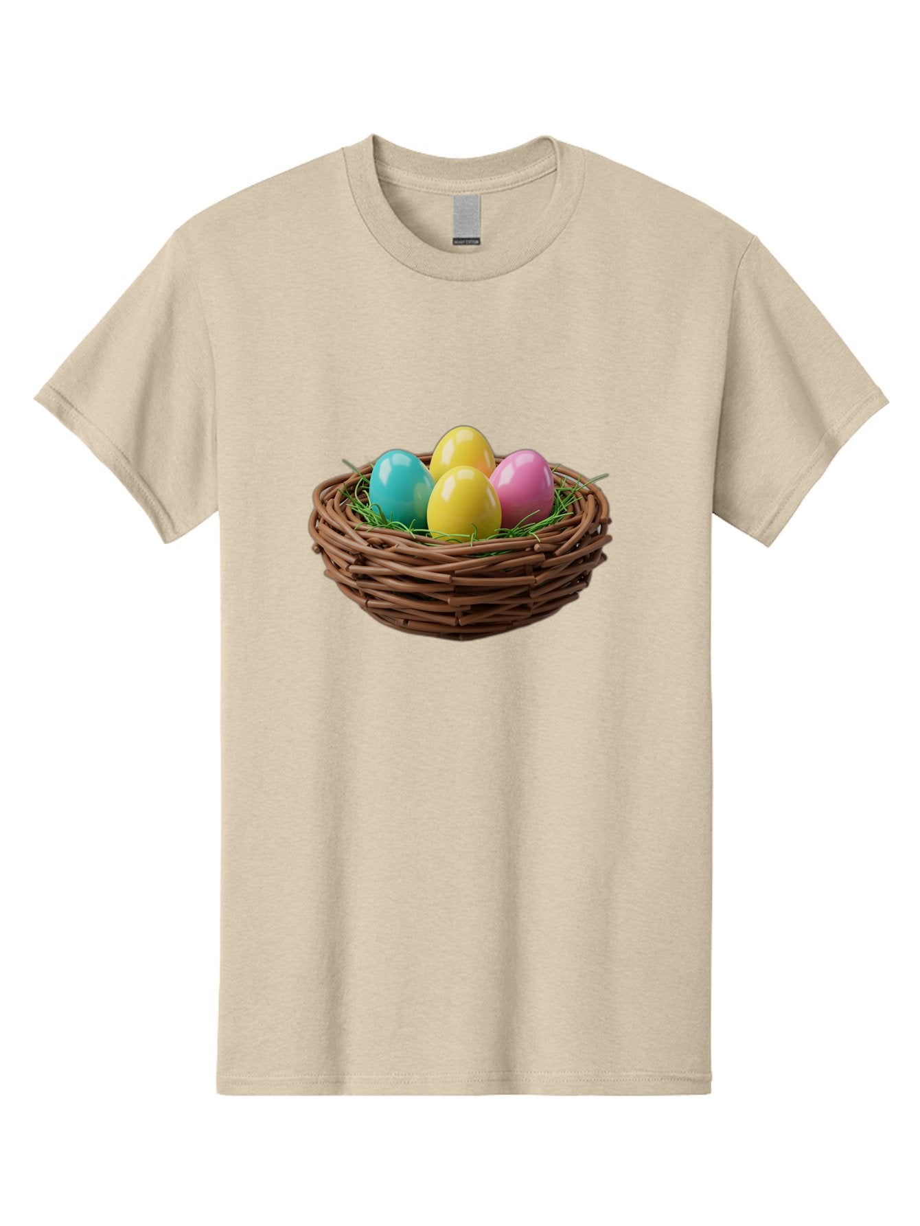 Easter-Eggs-In-Basket Men'S Graphic Tee, 100% Cotton, Comfortable Casual Summer Wear, Machine Washable, Colorful Easter Eggs, Easter Basket, Springtime Decorations, Wicker Basket, Blue Egg, Yellow Eggs, Pink Egg, Festive Colors, Baa616 5