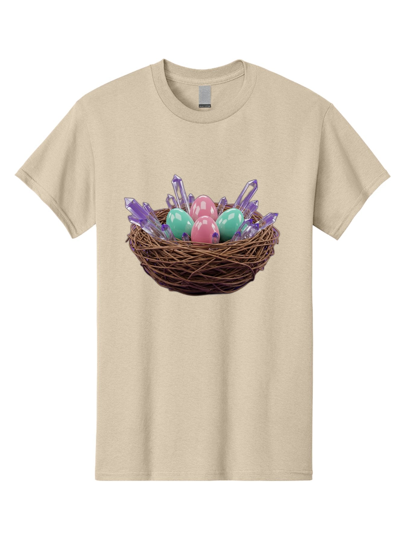 Easter-Eggs-In-Nest-2 Men'S Graphic Tee, 100% Cotton, Comfortable Casual Summer Wear, Machine Washable, Bird'S Nest, Shiny Eggs, Crystal Decorations, Pastel Colors, Easter Theme, Festive Decor, Spring Symbols, Jewelry-Inspired Design, Baa618 3