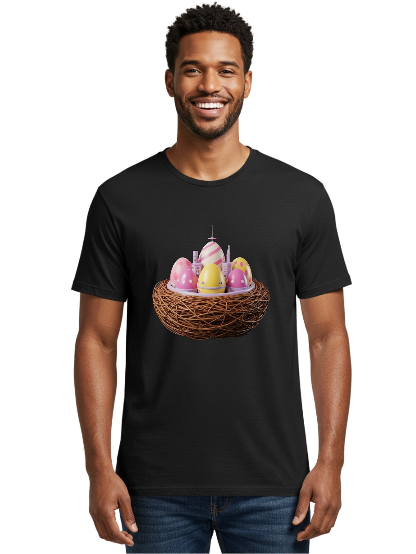 Easter-Eggs-In-Nest-3 Men'S Graphic Tee, 100% Cotton, Comfortable Casual Summer Wear, Machine Washable, Easter Eggs, Pastel Colors, Polka Dots, Stripes, Easter Holiday, Egg Hunt, Springtime, Wicker Nest, Festive Decorations, Creative Designs Baa619 28