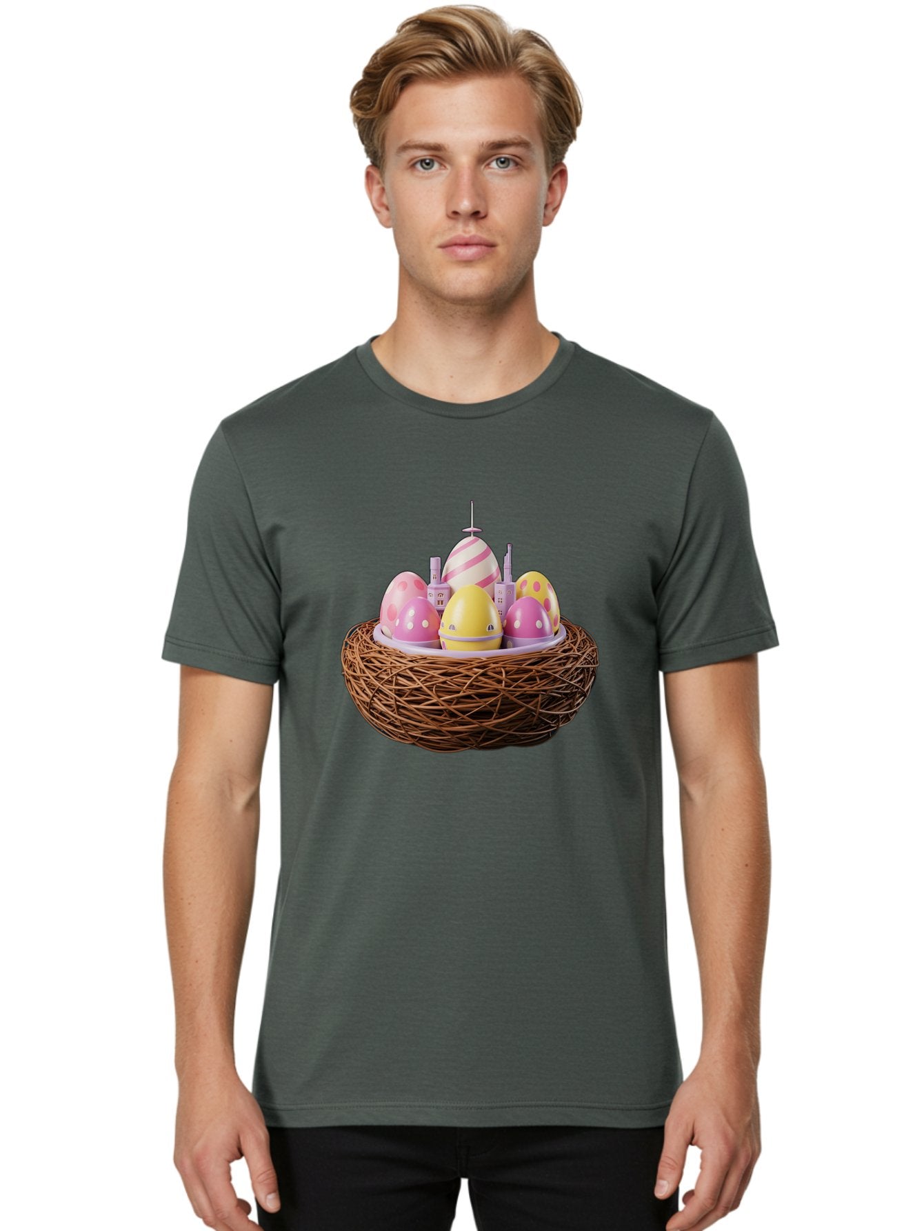 Easter-Eggs-In-Nest-3 Men'S Graphic Tee, 100% Cotton, Comfortable Casual Summer Wear, Machine Washable, Easter Eggs, Pastel Colors, Polka Dots, Stripes, Easter Holiday, Egg Hunt, Springtime, Wicker Nest, Festive Decorations, Creative Designs Baa619 21