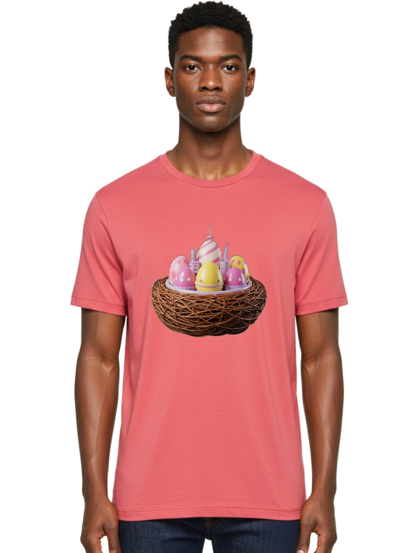 Easter-Eggs-In-Nest-3 Men'S Graphic Tee, 100% Cotton, Comfortable Casual Summer Wear, Machine Washable, Easter Eggs, Pastel Colors, Polka Dots, Stripes, Easter Holiday, Egg Hunt, Springtime, Wicker Nest, Festive Decorations, Creative Designs Baa619 18