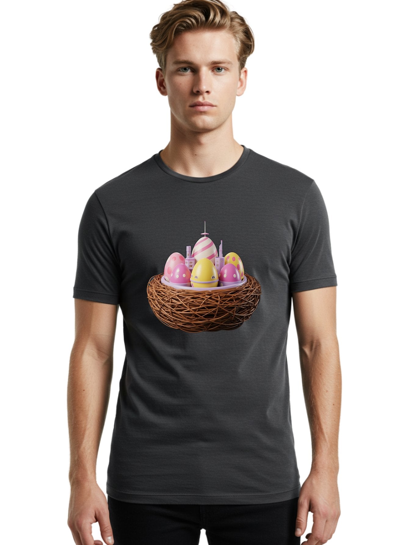 Easter-Eggs-In-Nest-3 Men'S Graphic Tee, 100% Cotton, Comfortable Casual Summer Wear, Machine Washable, Easter Eggs, Pastel Colors, Polka Dots, Stripes, Easter Holiday, Egg Hunt, Springtime, Wicker Nest, Festive Decorations, Creative Designs Baa619 24