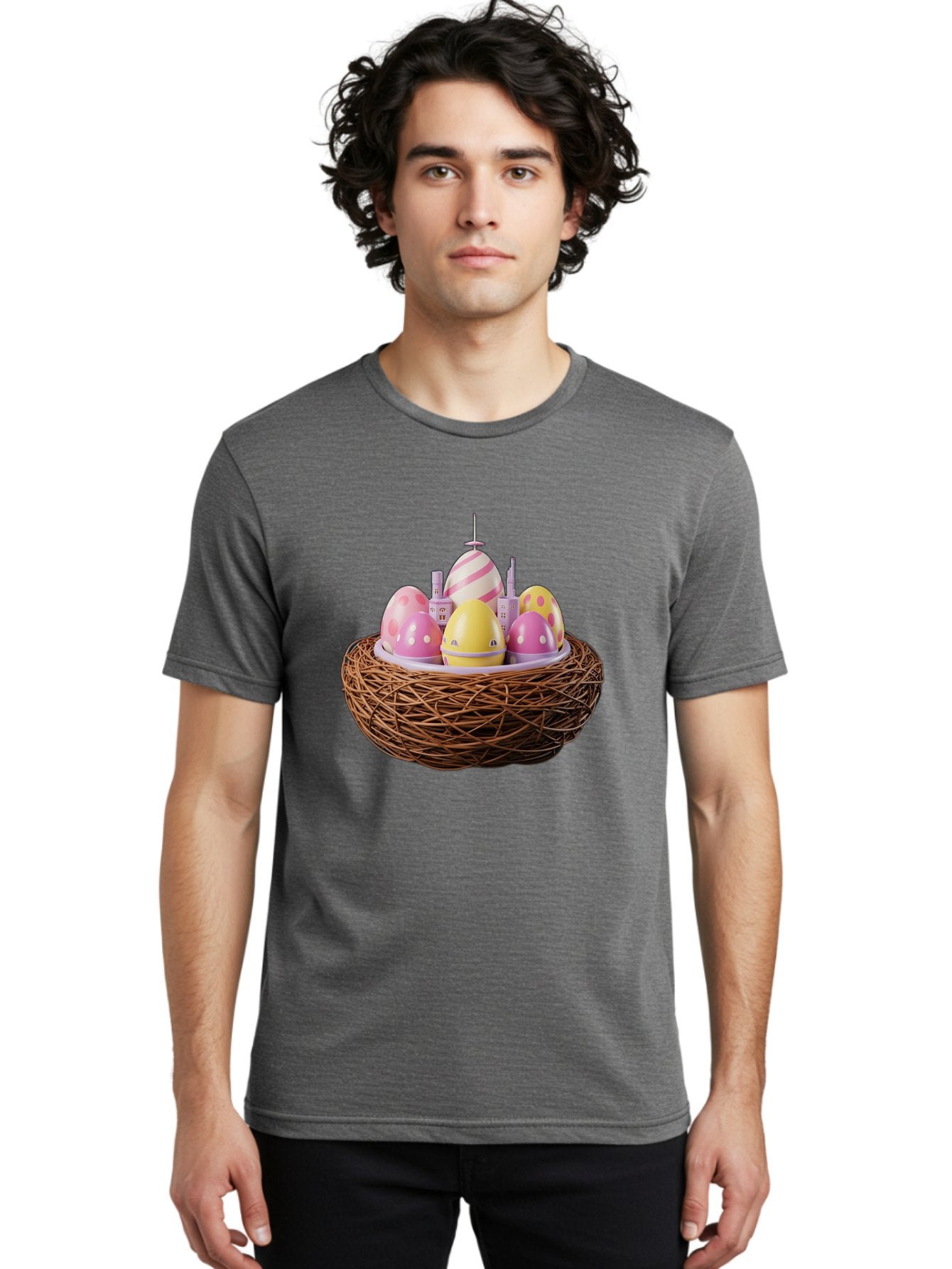 Easter-Eggs-In-Nest-3 Men'S Graphic Tee, 100% Cotton, Comfortable Casual Summer Wear, Machine Washable, Easter Eggs, Pastel Colors, Polka Dots, Stripes, Easter Holiday, Egg Hunt, Springtime, Wicker Nest, Festive Decorations, Creative Designs Baa619 30