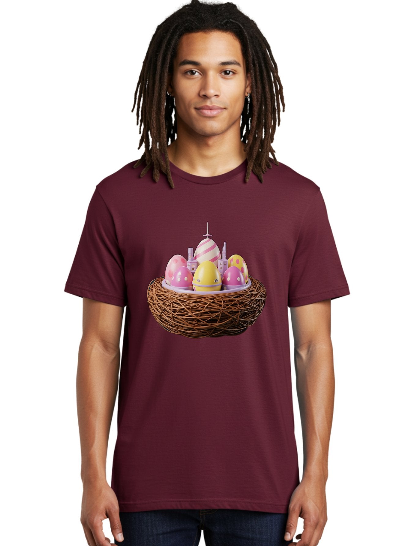 Easter-Eggs-In-Nest-3 Men'S Graphic Tee, 100% Cotton, Comfortable Casual Summer Wear, Machine Washable, Easter Eggs, Pastel Colors, Polka Dots, Stripes, Easter Holiday, Egg Hunt, Springtime, Wicker Nest, Festive Decorations, Creative Designs Baa619 17