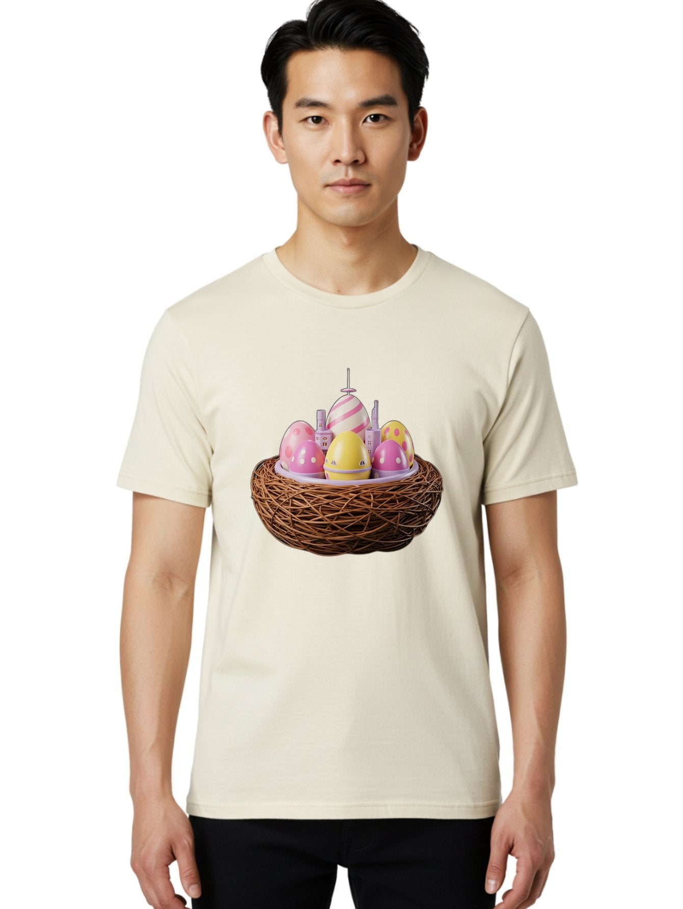 Easter-Eggs-In-Nest-3 Men'S Graphic Tee, 100% Cotton, Comfortable Casual Summer Wear, Machine Washable, Easter Eggs, Pastel Colors, Polka Dots, Stripes, Easter Holiday, Egg Hunt, Springtime, Wicker Nest, Festive Decorations, Creative Designs Baa619 22