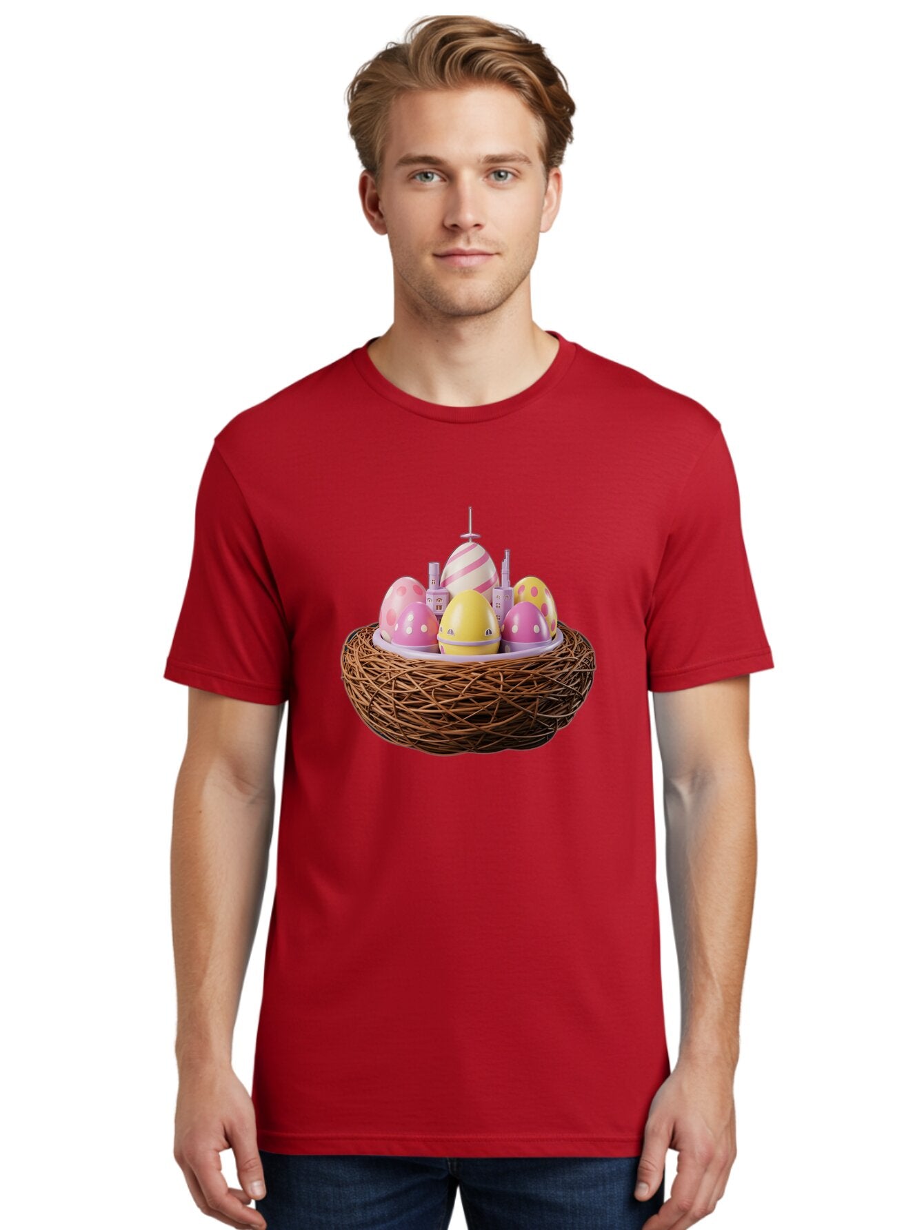 Easter-Eggs-In-Nest-3 Men'S Graphic Tee, 100% Cotton, Comfortable Casual Summer Wear, Machine Washable, Easter Eggs, Pastel Colors, Polka Dots, Stripes, Easter Holiday, Egg Hunt, Springtime, Wicker Nest, Festive Decorations, Creative Designs Baa619 19