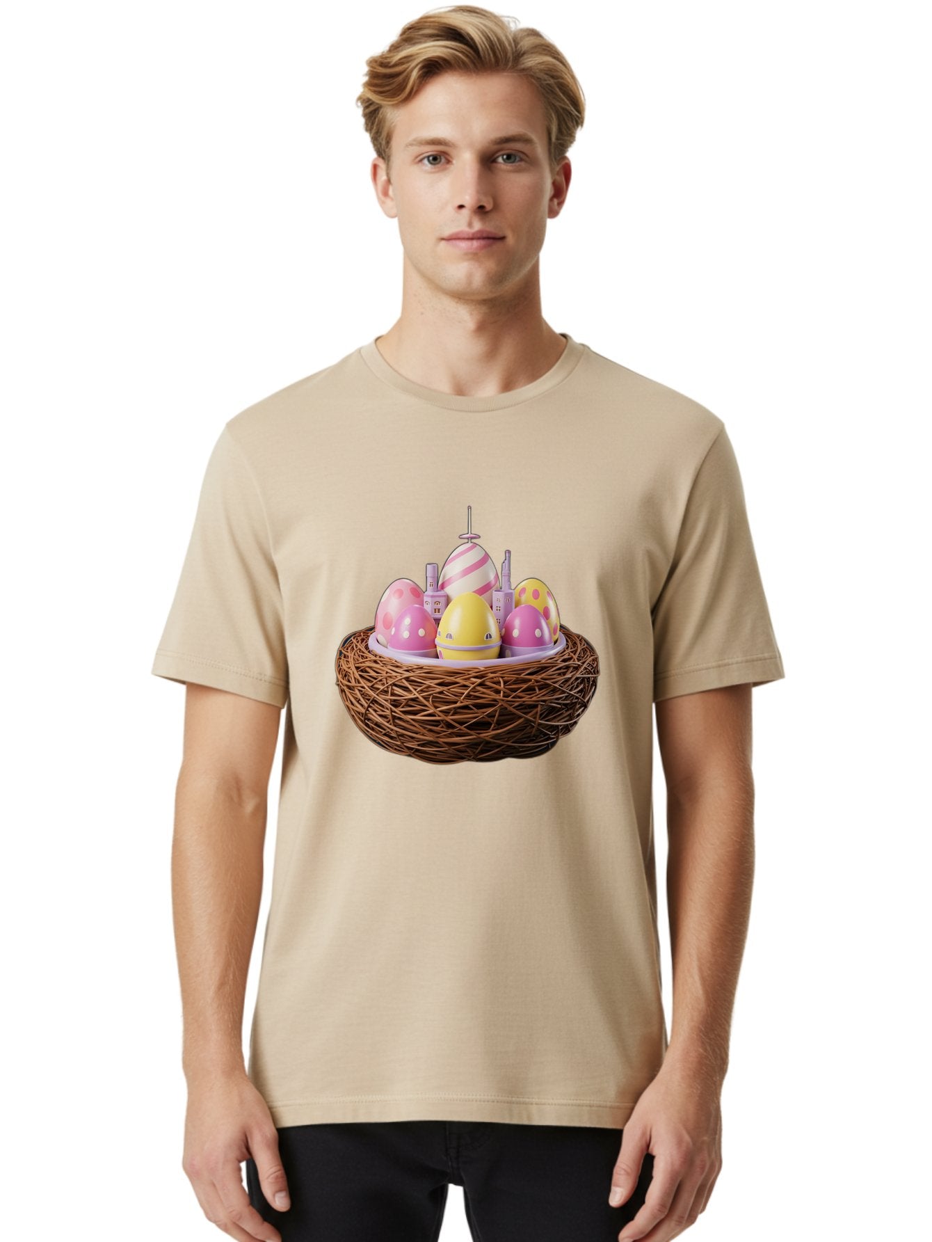Easter-Eggs-In-Nest-3 Men'S Graphic Tee, 100% Cotton, Comfortable Casual Summer Wear, Machine Washable, Easter Eggs, Pastel Colors, Polka Dots, Stripes, Easter Holiday, Egg Hunt, Springtime, Wicker Nest, Festive Decorations, Creative Designs Baa619 16