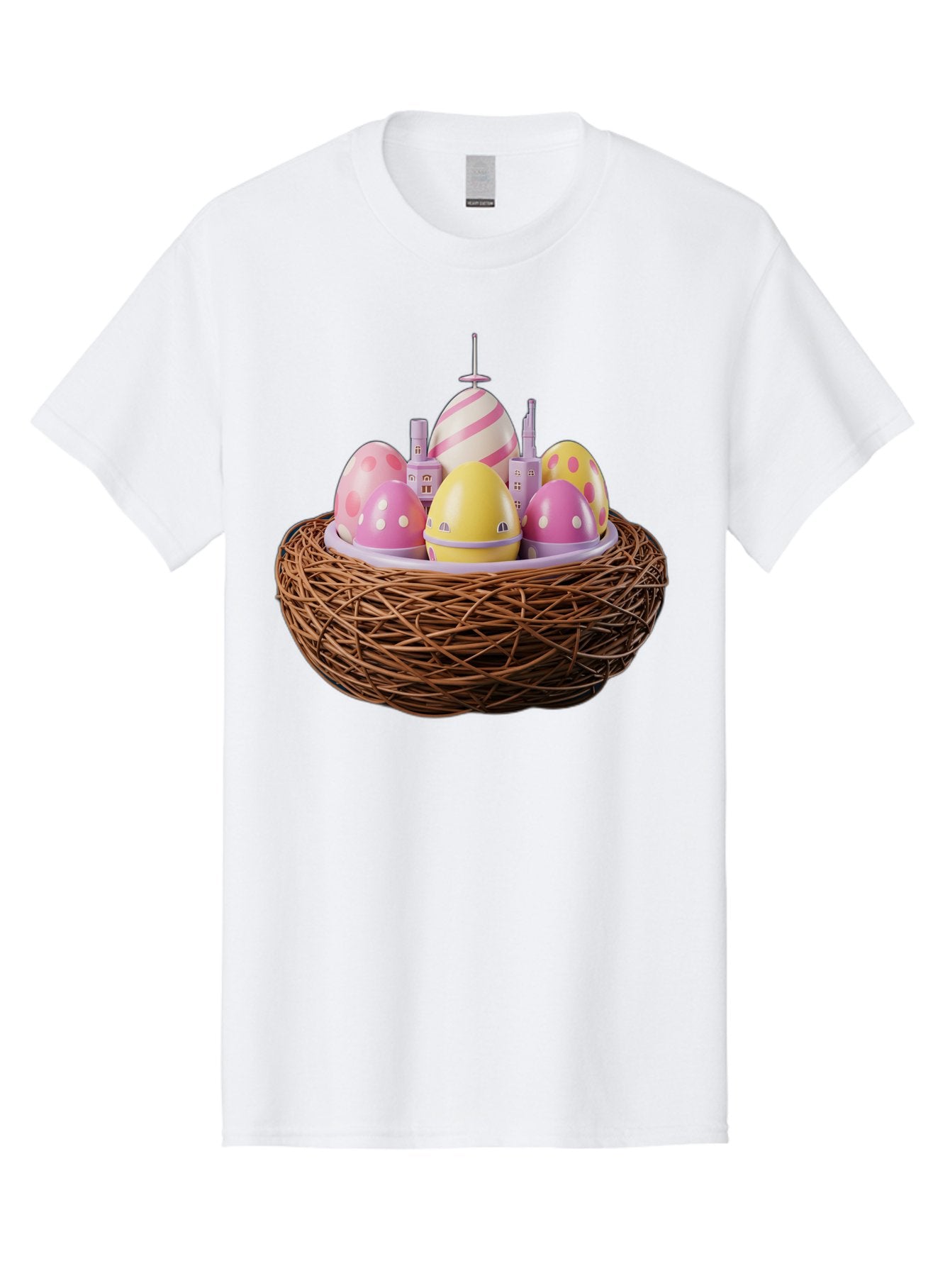 Easter-Eggs-In-Nest-3 Men'S Graphic Tee, 100% Cotton, Comfortable Casual Summer Wear, Machine Washable, Easter Eggs, Pastel Colors, Polka Dots, Stripes, Easter Holiday, Egg Hunt, Springtime, Wicker Nest, Festive Decorations, Creative Designs Baa619 9