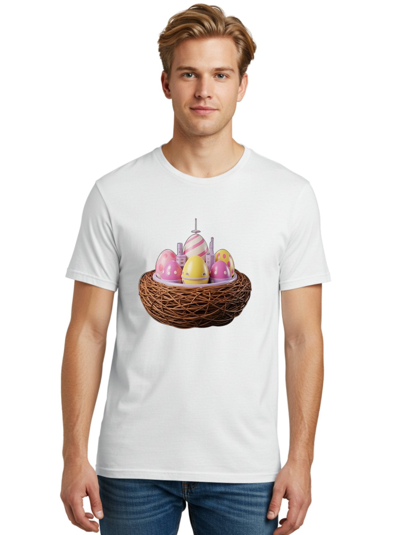 Easter-Eggs-In-Nest-3 Men'S Graphic Tee, 100% Cotton, Comfortable Casual Summer Wear, Machine Washable, Easter Eggs, Pastel Colors, Polka Dots, Stripes, Easter Holiday, Egg Hunt, Springtime, Wicker Nest, Festive Decorations, Creative Designs Baa619 26