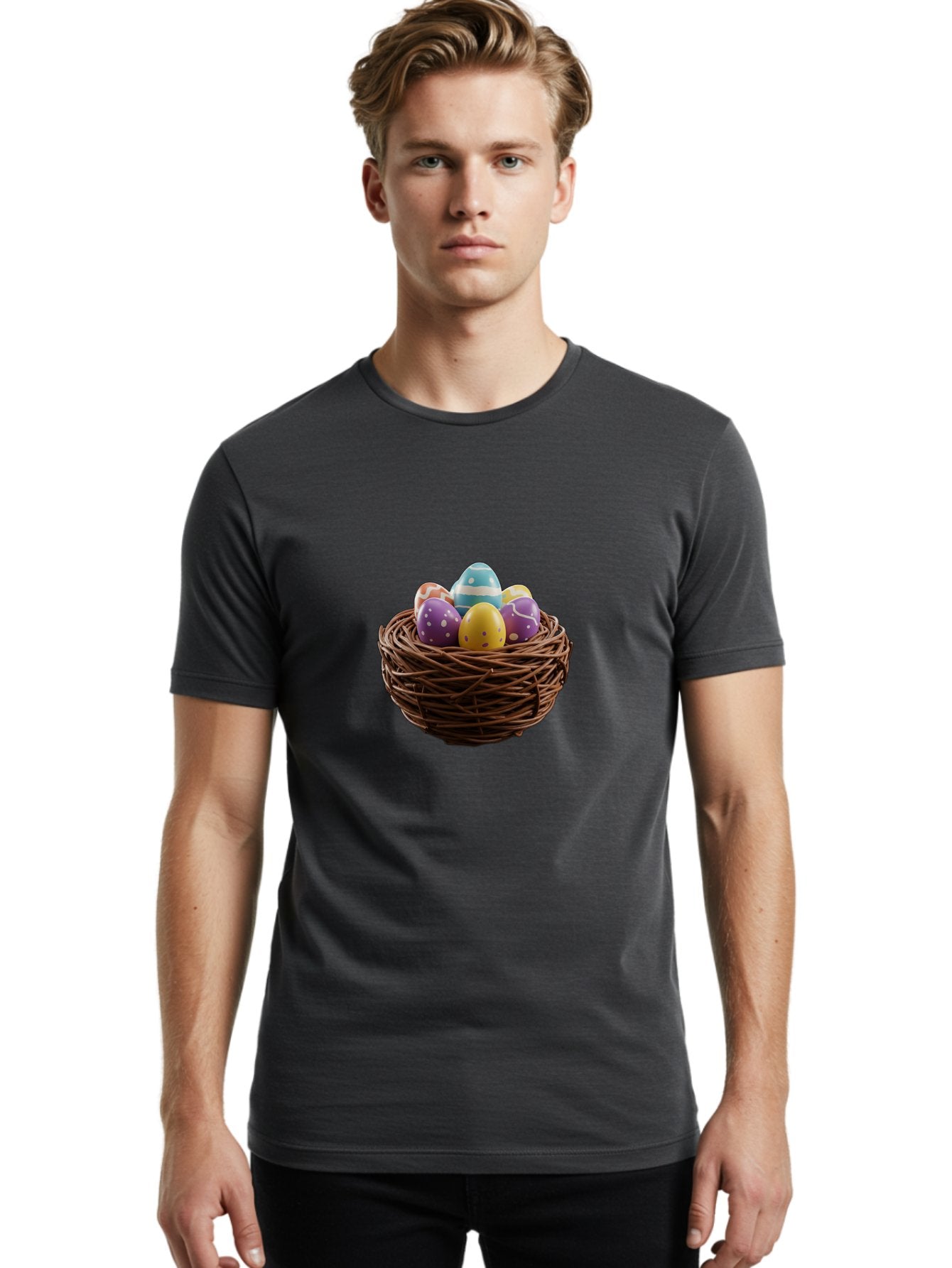 Easter-Eggs-In-Nest Men'S Graphic Tee, 100% Cotton, Comfortable Casual Summer Wear, Machine Washable, Colorful Easter Eggs, Decorated Eggs, Nest With Eggs, Easter Nest, Springtime Eggs, Easter Decoration, Vibrant Eggs, Festive Eggs, Baa620 25