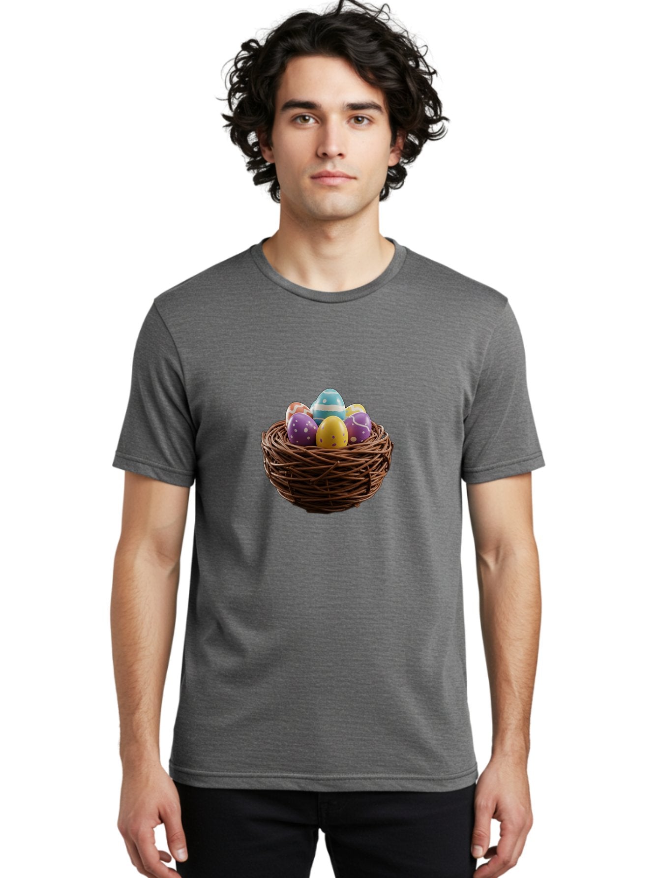 Easter-Eggs-In-Nest Men'S Graphic Tee, 100% Cotton, Comfortable Casual Summer Wear, Machine Washable, Colorful Easter Eggs, Decorated Eggs, Nest With Eggs, Easter Nest, Springtime Eggs, Easter Decoration, Vibrant Eggs, Festive Eggs, Baa620 20
