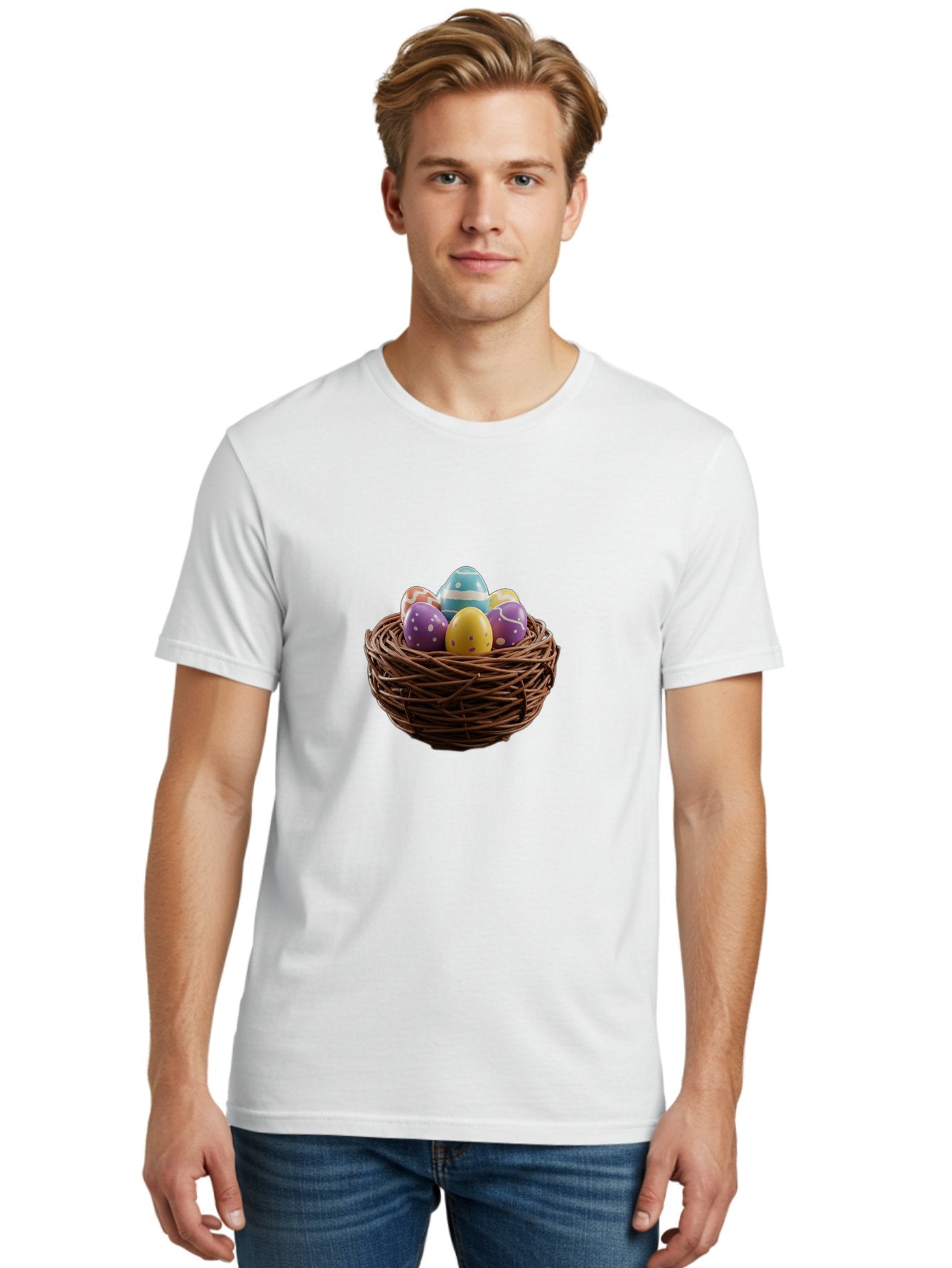 Easter-Eggs-In-Nest Men'S Graphic Tee, 100% Cotton, Comfortable Casual Summer Wear, Machine Washable, Colorful Easter Eggs, Decorated Eggs, Nest With Eggs, Easter Nest, Springtime Eggs, Easter Decoration, Vibrant Eggs, Festive Eggs, Baa620 16