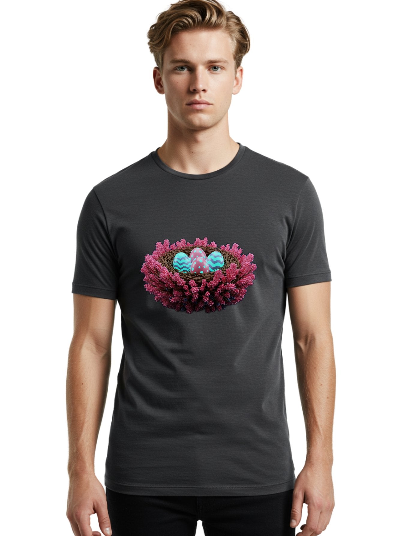 Easter-Eggs-Nest Men'S Graphic Tee, 100% Cotton, Comfortable Casual Summer Wear, Machine Washable, Easter Eggs, Decorated Eggs, Nest, Flowers, Spring, Easter Celebration, Colorful Eggs, Wavy Lines, Dots, Festive Decor Baa621 24