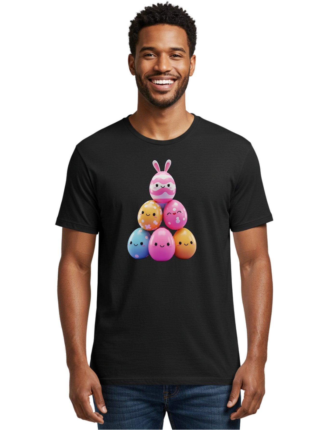 Easter-Eggs-Pyramid Men'S Graphic Tee, 100% Cotton, Comfortable Casual Summer Wear, Machine Washable, Easter Eggs, Colorful Eggs, Cute Eggs, Easter Bunny, Happy Face, Pastel Colors, Polka Dot Eggs, Easter Decoration, Spring Theme, Festive Eggs Baa622 30