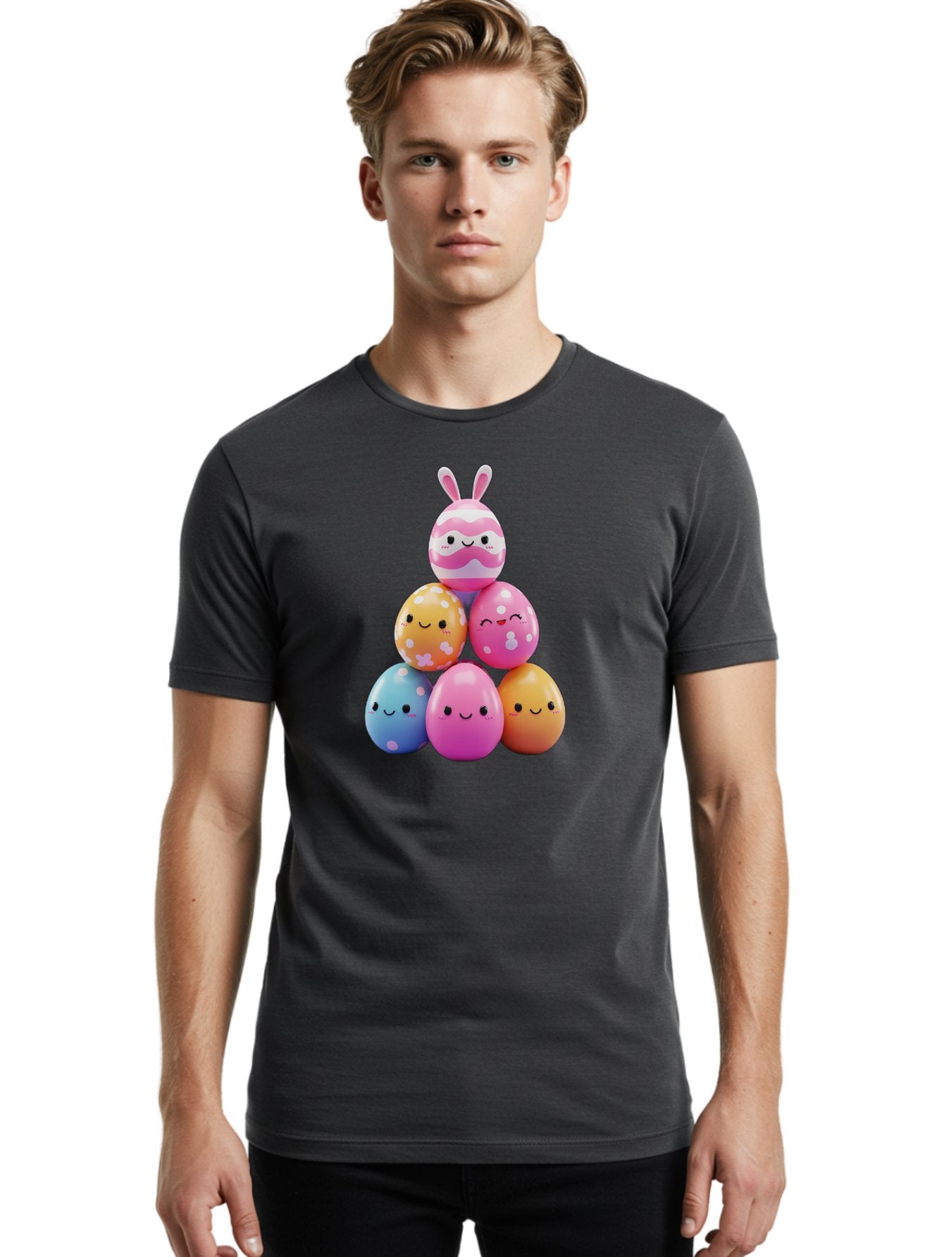 Easter-Eggs-Pyramid Men'S Graphic Tee, 100% Cotton, Comfortable Casual Summer Wear, Machine Washable, Easter Eggs, Colorful Eggs, Cute Eggs, Easter Bunny, Happy Face, Pastel Colors, Polka Dot Eggs, Easter Decoration, Spring Theme, Festive Eggs Baa622 29