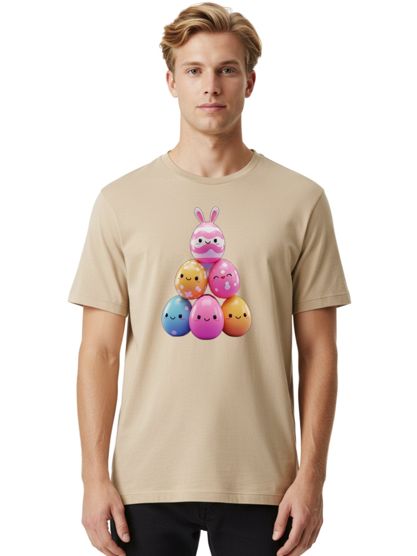 Easter-Eggs-Pyramid Men'S Graphic Tee, 100% Cotton, Comfortable Casual Summer Wear, Machine Washable, Easter Eggs, Colorful Eggs, Cute Eggs, Easter Bunny, Happy Face, Pastel Colors, Polka Dot Eggs, Easter Decoration, Spring Theme, Festive Eggs Baa622 27