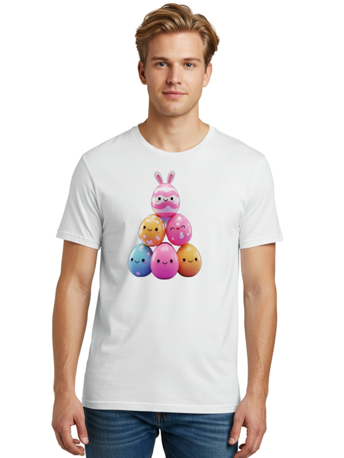Easter-Eggs-Pyramid Men'S Graphic Tee, 100% Cotton, Comfortable Casual Summer Wear, Machine Washable, Easter Eggs, Colorful Eggs, Cute Eggs, Easter Bunny, Happy Face, Pastel Colors, Polka Dot Eggs, Easter Decoration, Spring Theme, Festive Eggs Baa622 22