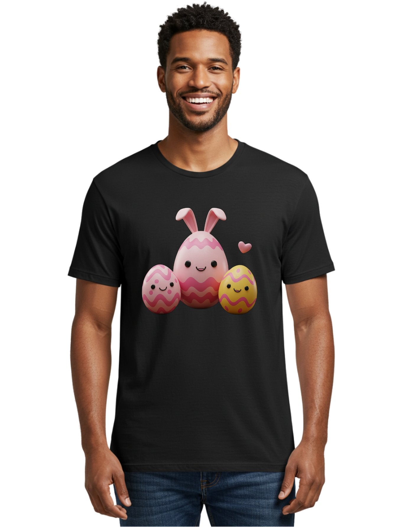 Easter-Eggs-With-Bunny-Ears-1 Men'S Graphic Tee, 100% Cotton, Comfortable Casual Summer Wear, Machine Washable, Easter Eggs, Cartoon Eggs, Happy Easter, Easter Bunny, Pink Eggs, Yellow Eggs, Cute Eggs, Smiling Faces, Pink Hearts, Baa623 19