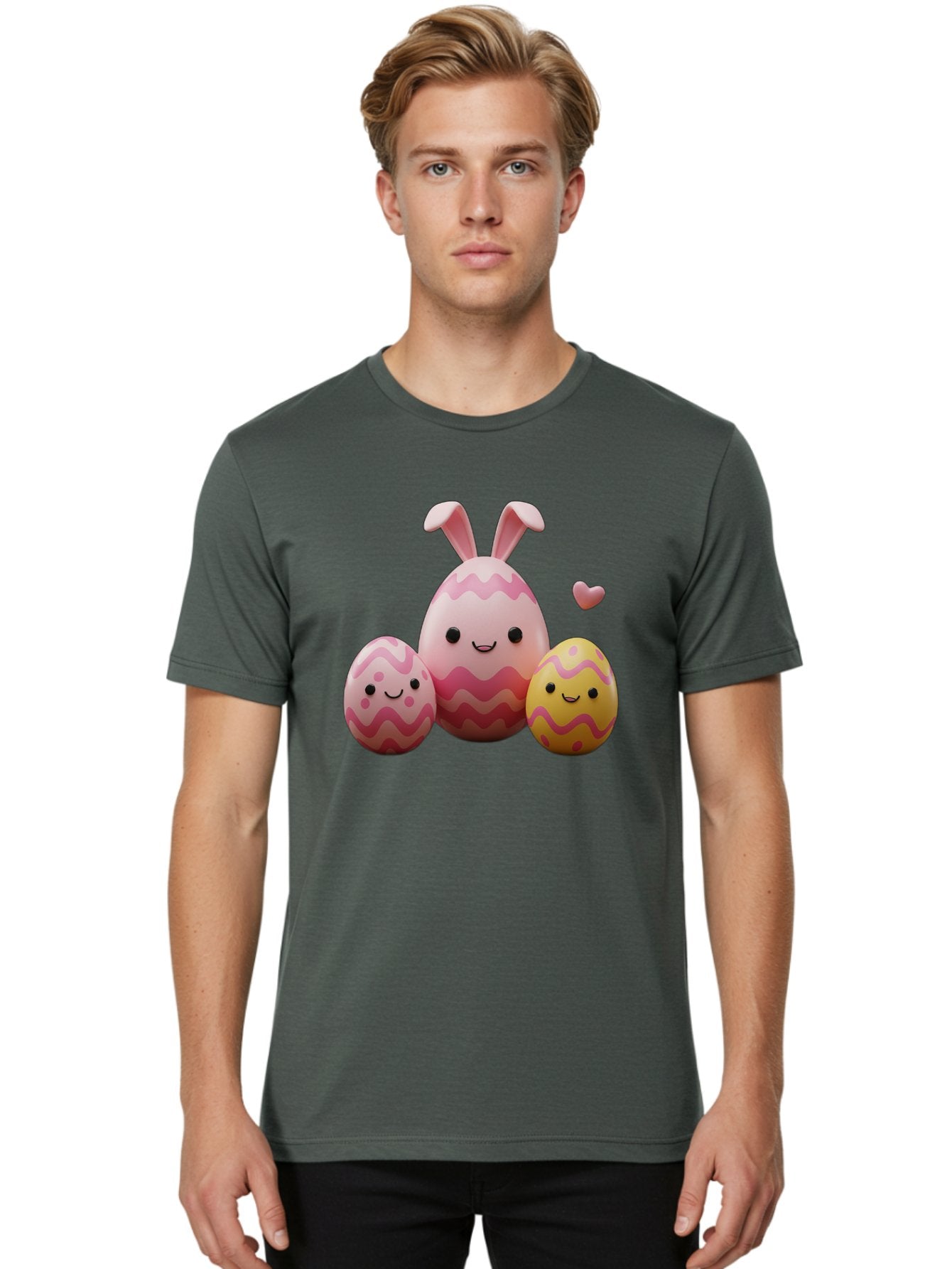 Easter-Eggs-With-Bunny-Ears-1 Men'S Graphic Tee, 100% Cotton, Comfortable Casual Summer Wear, Machine Washable, Easter Eggs, Cartoon Eggs, Happy Easter, Easter Bunny, Pink Eggs, Yellow Eggs, Cute Eggs, Smiling Faces, Pink Hearts, Baa623 26