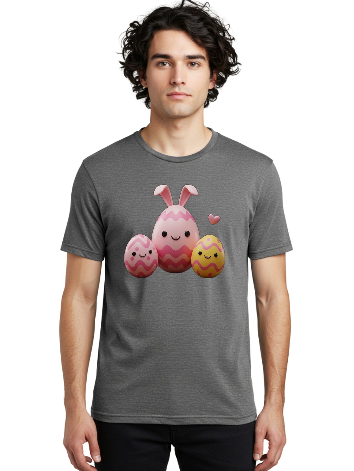 Easter-Eggs-With-Bunny-Ears-1 Men'S Graphic Tee, 100% Cotton, Comfortable Casual Summer Wear, Machine Washable, Easter Eggs, Cartoon Eggs, Happy Easter, Easter Bunny, Pink Eggs, Yellow Eggs, Cute Eggs, Smiling Faces, Pink Hearts, Baa623 27