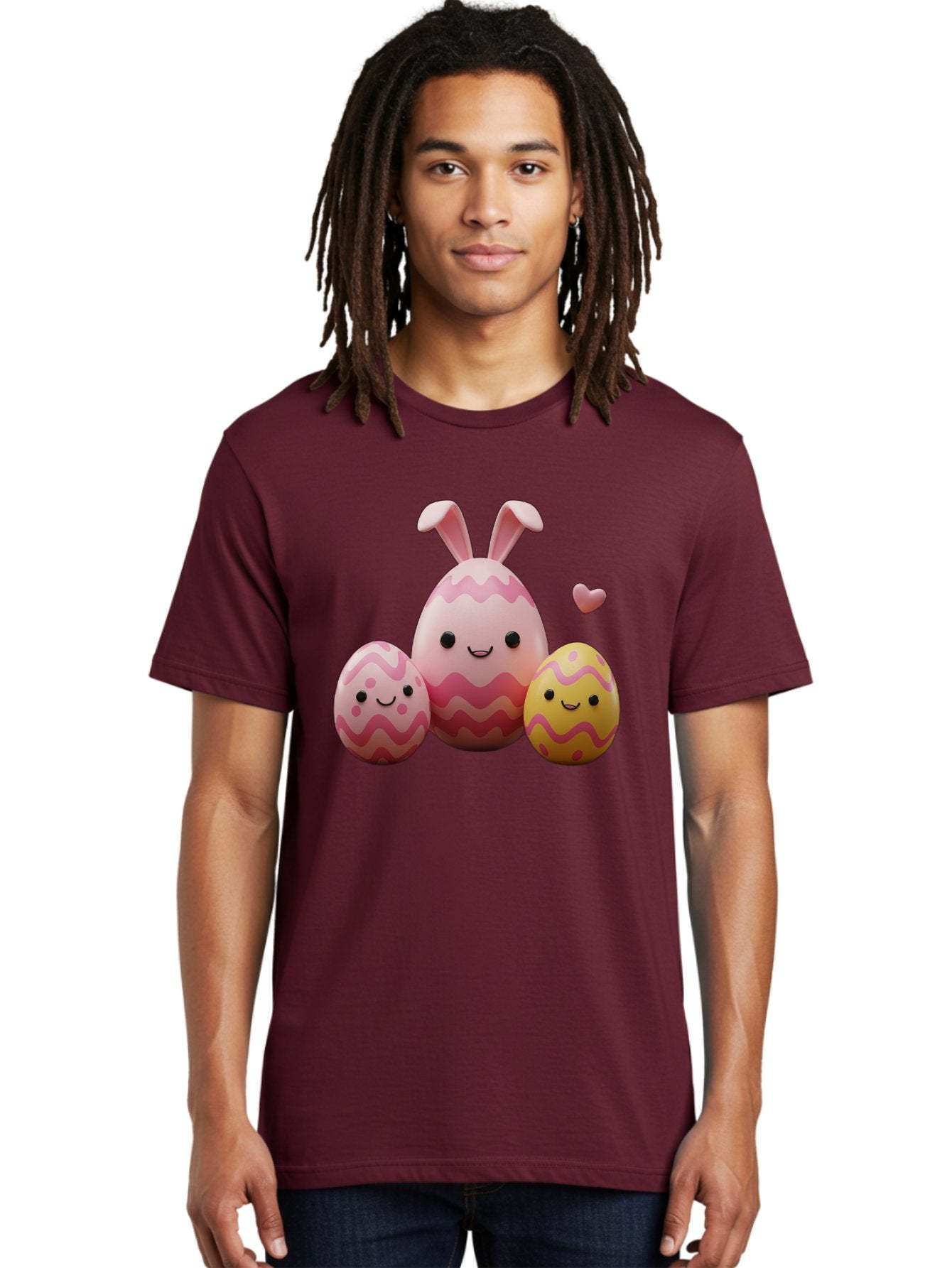 Easter-Eggs-With-Bunny-Ears-1 Men'S Graphic Tee, 100% Cotton, Comfortable Casual Summer Wear, Machine Washable, Easter Eggs, Cartoon Eggs, Happy Easter, Easter Bunny, Pink Eggs, Yellow Eggs, Cute Eggs, Smiling Faces, Pink Hearts, Baa623 22