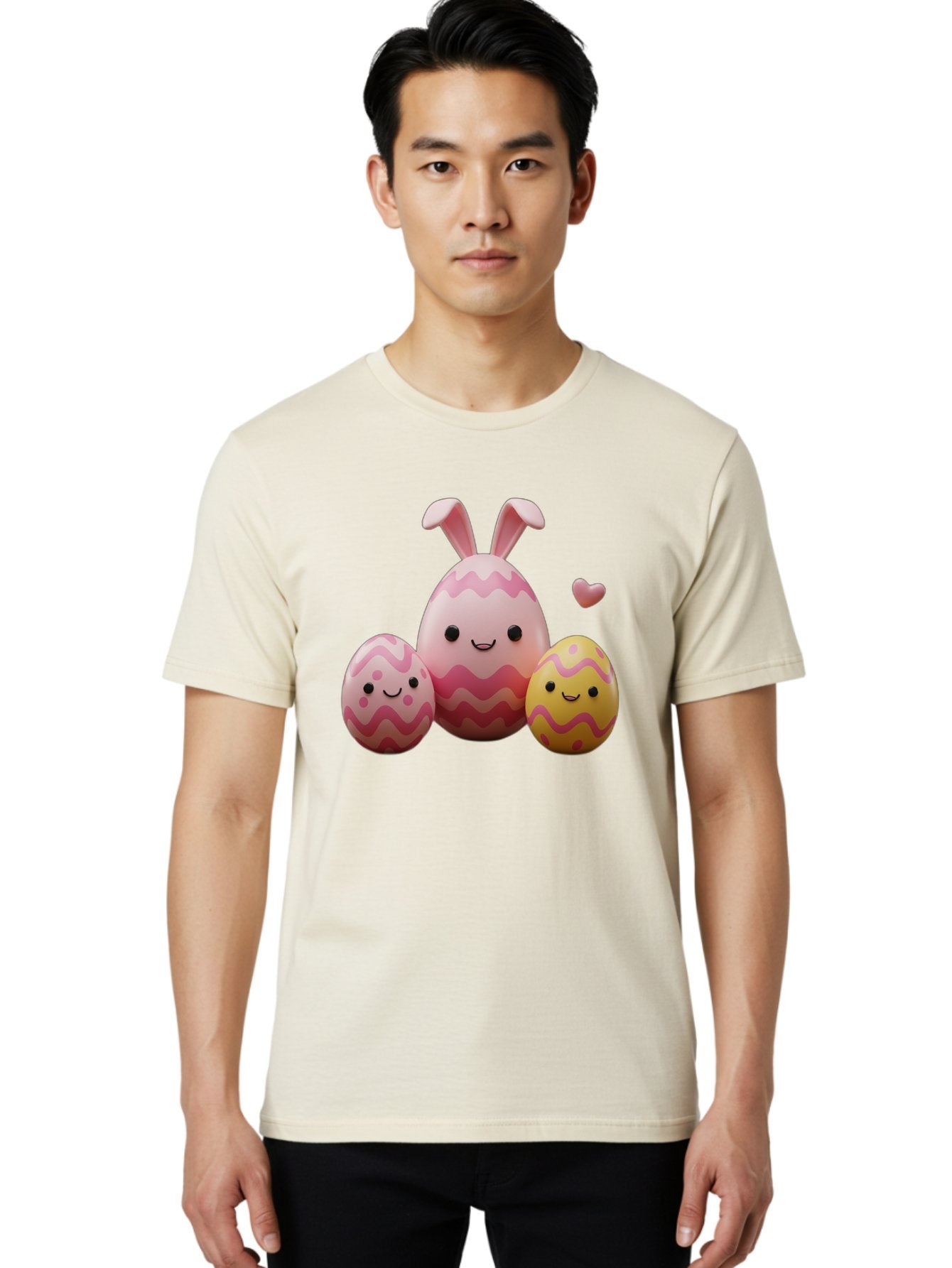 Easter-Eggs-With-Bunny-Ears-1 Men'S Graphic Tee, 100% Cotton, Comfortable Casual Summer Wear, Machine Washable, Easter Eggs, Cartoon Eggs, Happy Easter, Easter Bunny, Pink Eggs, Yellow Eggs, Cute Eggs, Smiling Faces, Pink Hearts, Baa623 25
