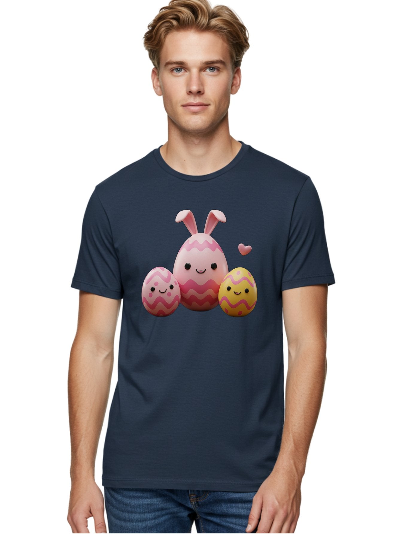 Easter-Eggs-With-Bunny-Ears-1 Men'S Graphic Tee, 100% Cotton, Comfortable Casual Summer Wear, Machine Washable, Easter Eggs, Cartoon Eggs, Happy Easter, Easter Bunny, Pink Eggs, Yellow Eggs, Cute Eggs, Smiling Faces, Pink Hearts, Baa623 20