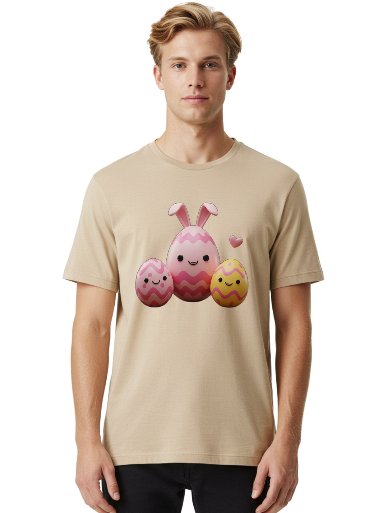 Easter-Eggs-With-Bunny-Ears-1 Men'S Graphic Tee, 100% Cotton, Comfortable Casual Summer Wear, Machine Washable, Easter Eggs, Cartoon Eggs, Happy Easter, Easter Bunny, Pink Eggs, Yellow Eggs, Cute Eggs, Smiling Faces, Pink Hearts, Baa623 24