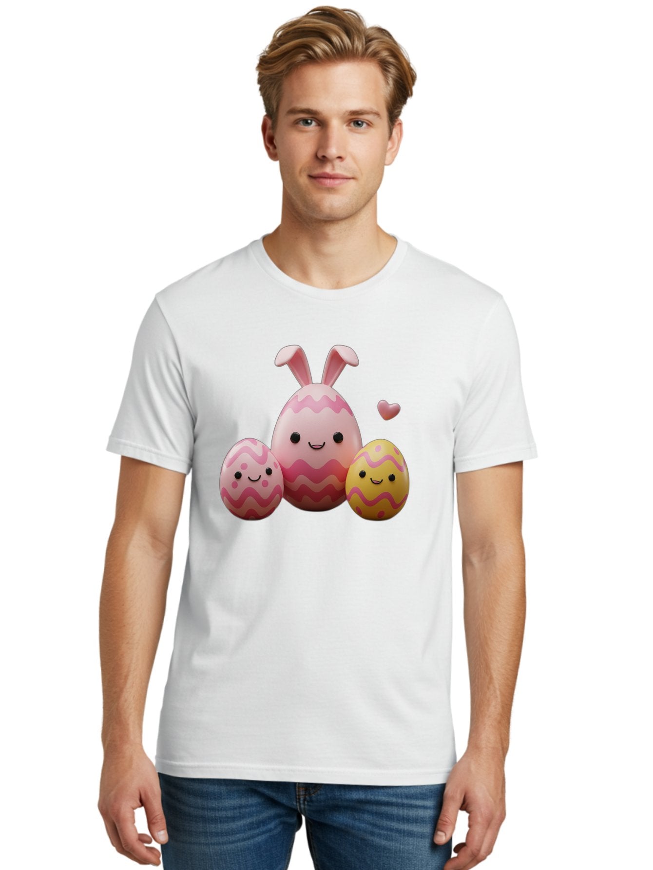 Easter-Eggs-With-Bunny-Ears-1 Men'S Graphic Tee, 100% Cotton, Comfortable Casual Summer Wear, Machine Washable, Easter Eggs, Cartoon Eggs, Happy Easter, Easter Bunny, Pink Eggs, Yellow Eggs, Cute Eggs, Smiling Faces, Pink Hearts, Baa623 23