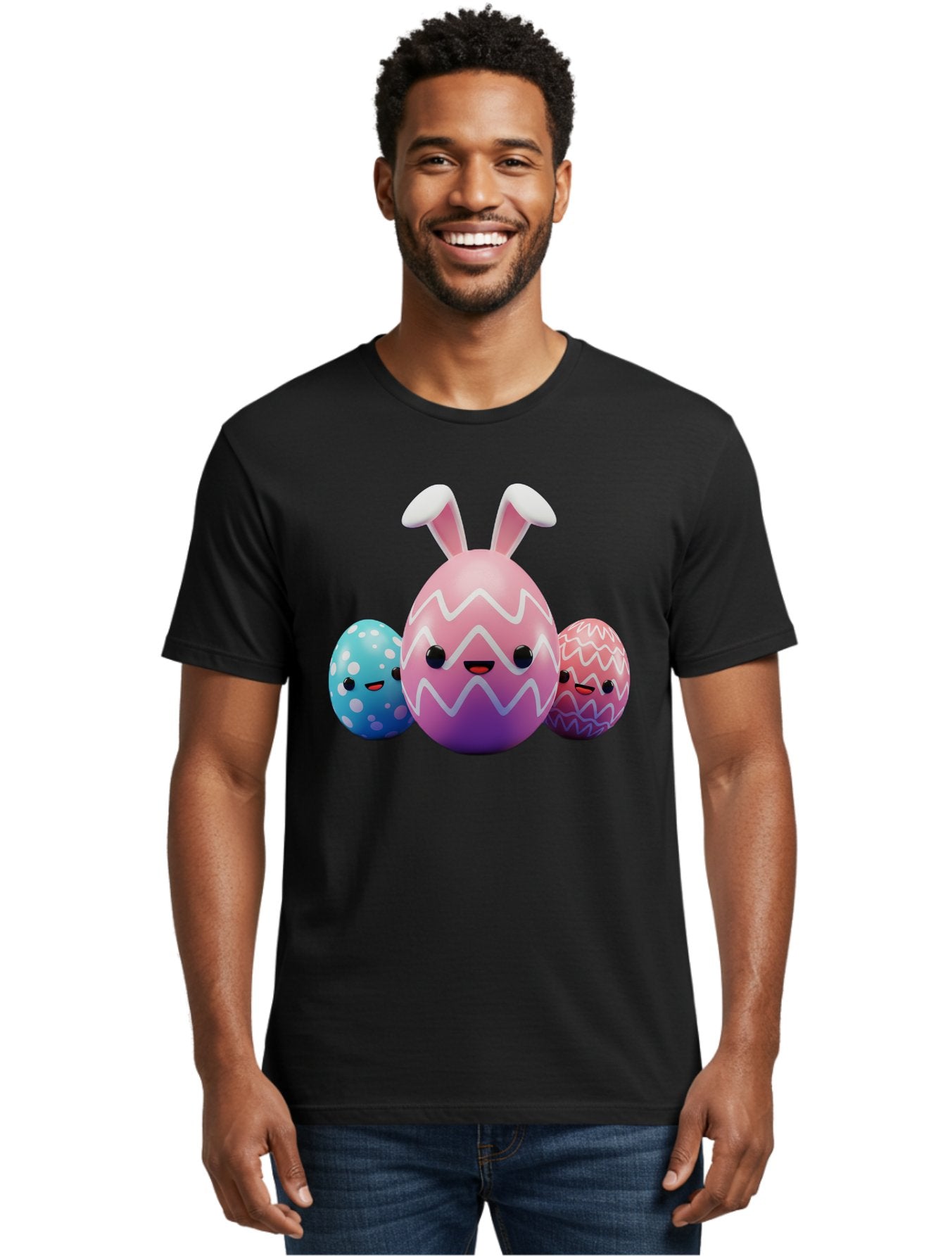 Easter-Eggs-With-Bunny-Ears Men'S Graphic Tee, 100% Cotton, Comfortable Casual Summer Wear, Machine Washable, Easter Eggs, Colorful Eggs, Decorated Eggs, Festive Eggs, Egg Hunt, Spring Season, Pastel Colors, Cute Eggs, Easter Celebration, Baa624 22