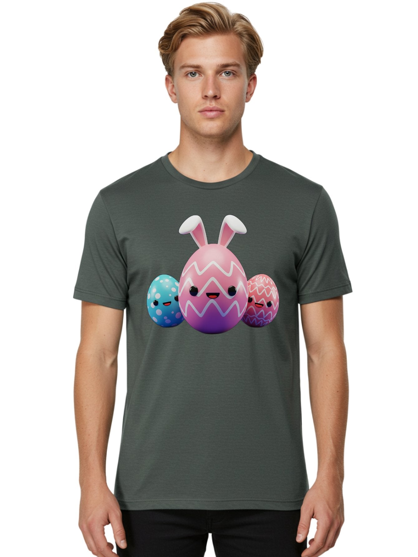 Easter-Eggs-With-Bunny-Ears Men'S Graphic Tee, 100% Cotton, Comfortable Casual Summer Wear, Machine Washable, Easter Eggs, Colorful Eggs, Decorated Eggs, Festive Eggs, Egg Hunt, Spring Season, Pastel Colors, Cute Eggs, Easter Celebration, Baa624 24