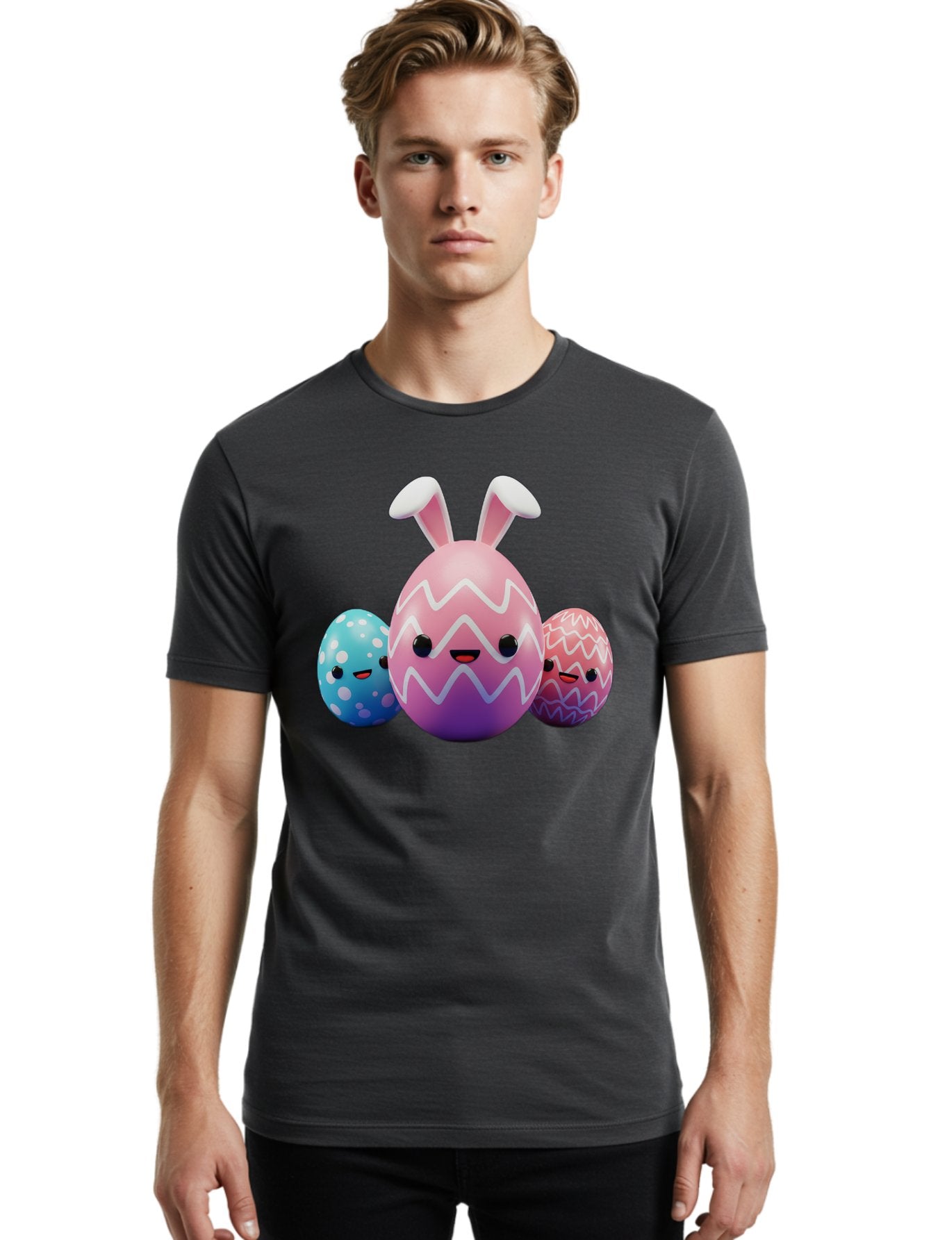 Easter-Eggs-With-Bunny-Ears Men'S Graphic Tee, 100% Cotton, Comfortable Casual Summer Wear, Machine Washable, Easter Eggs, Colorful Eggs, Decorated Eggs, Festive Eggs, Egg Hunt, Spring Season, Pastel Colors, Cute Eggs, Easter Celebration, Baa624 20