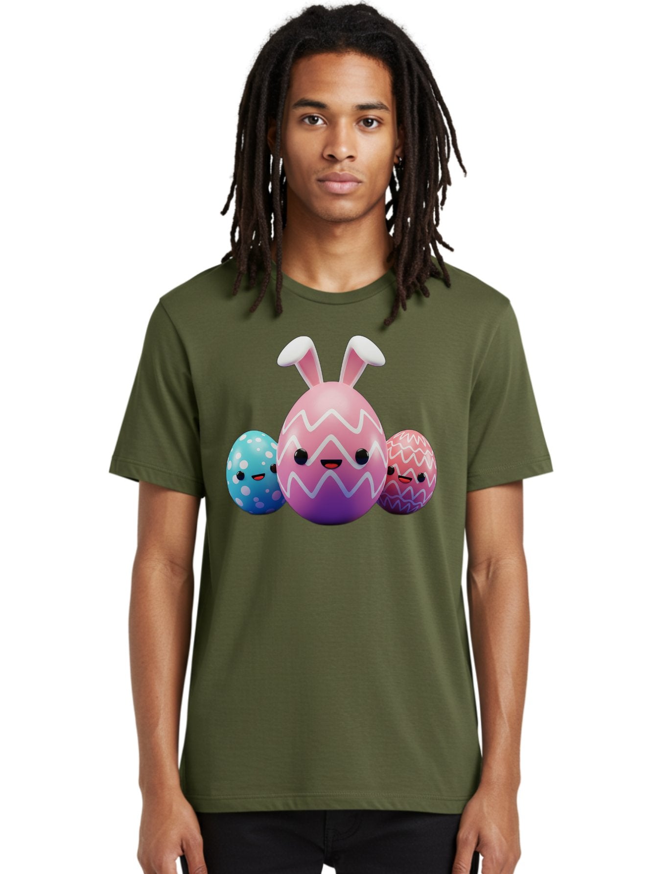 Easter-Eggs-With-Bunny-Ears Men'S Graphic Tee, 100% Cotton, Comfortable Casual Summer Wear, Machine Washable, Easter Eggs, Colorful Eggs, Decorated Eggs, Festive Eggs, Egg Hunt, Spring Season, Pastel Colors, Cute Eggs, Easter Celebration, Baa624 25
