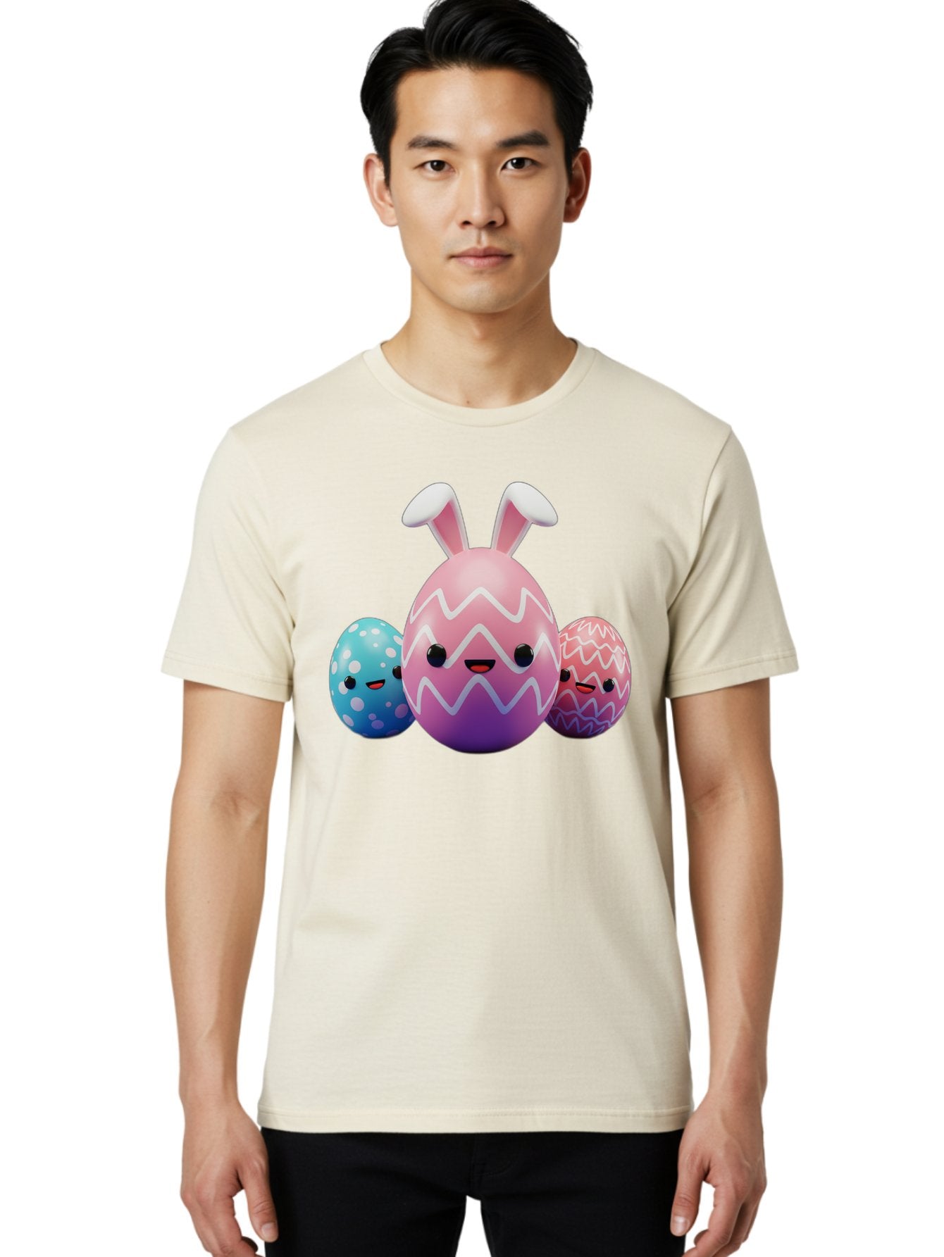 Easter-Eggs-With-Bunny-Ears Men'S Graphic Tee, 100% Cotton, Comfortable Casual Summer Wear, Machine Washable, Easter Eggs, Colorful Eggs, Decorated Eggs, Festive Eggs, Egg Hunt, Spring Season, Pastel Colors, Cute Eggs, Easter Celebration, Baa624 19
