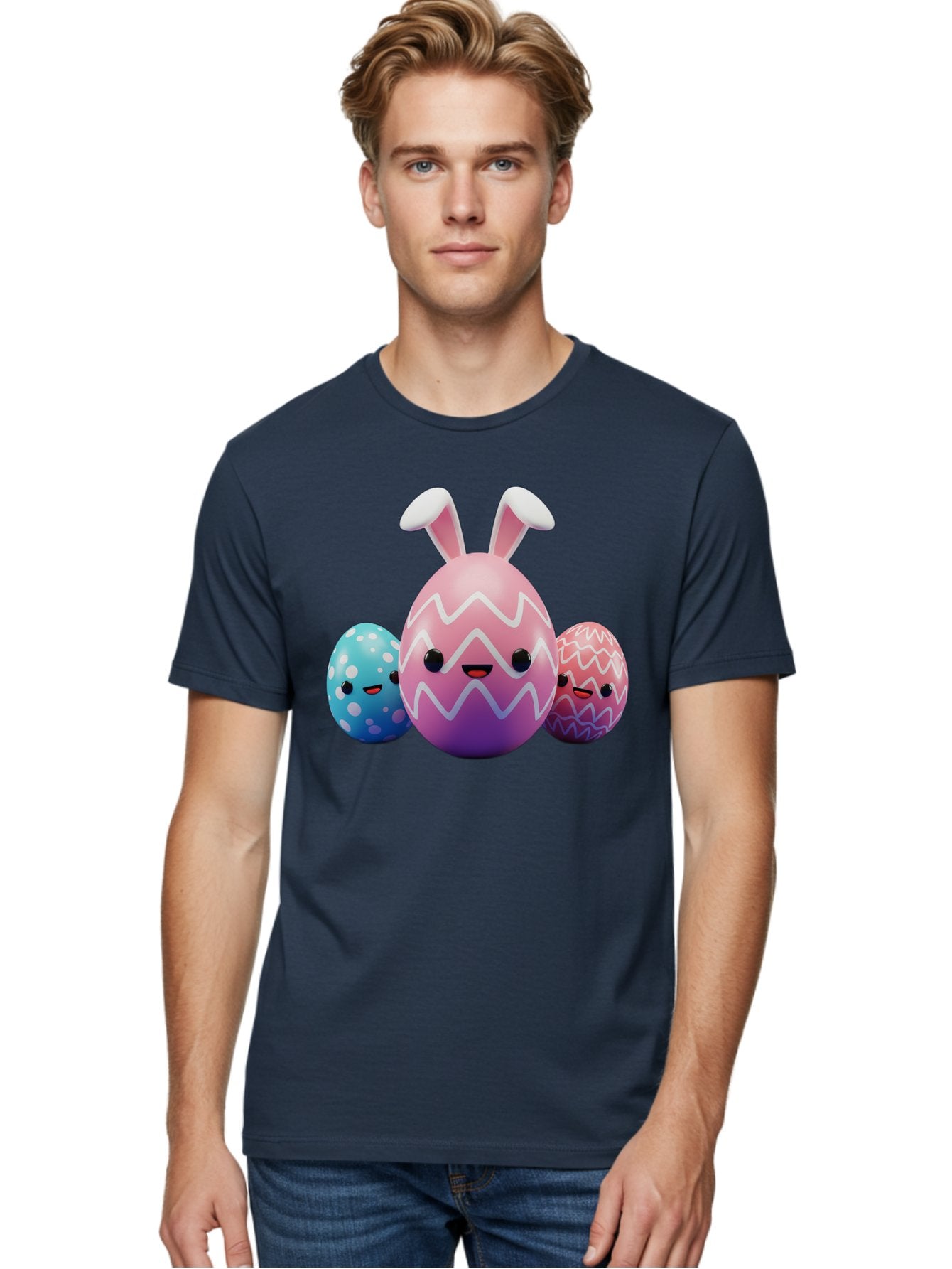 Easter-Eggs-With-Bunny-Ears Men'S Graphic Tee, 100% Cotton, Comfortable Casual Summer Wear, Machine Washable, Easter Eggs, Colorful Eggs, Decorated Eggs, Festive Eggs, Egg Hunt, Spring Season, Pastel Colors, Cute Eggs, Easter Celebration, Baa624 26