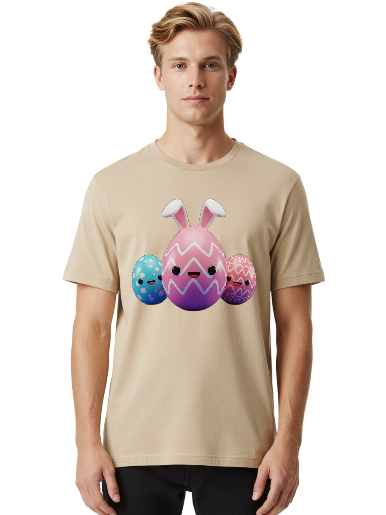 Easter-Eggs-With-Bunny-Ears Men'S Graphic Tee, 100% Cotton, Comfortable Casual Summer Wear, Machine Washable, Easter Eggs, Colorful Eggs, Decorated Eggs, Festive Eggs, Egg Hunt, Spring Season, Pastel Colors, Cute Eggs, Easter Celebration, Baa624 18