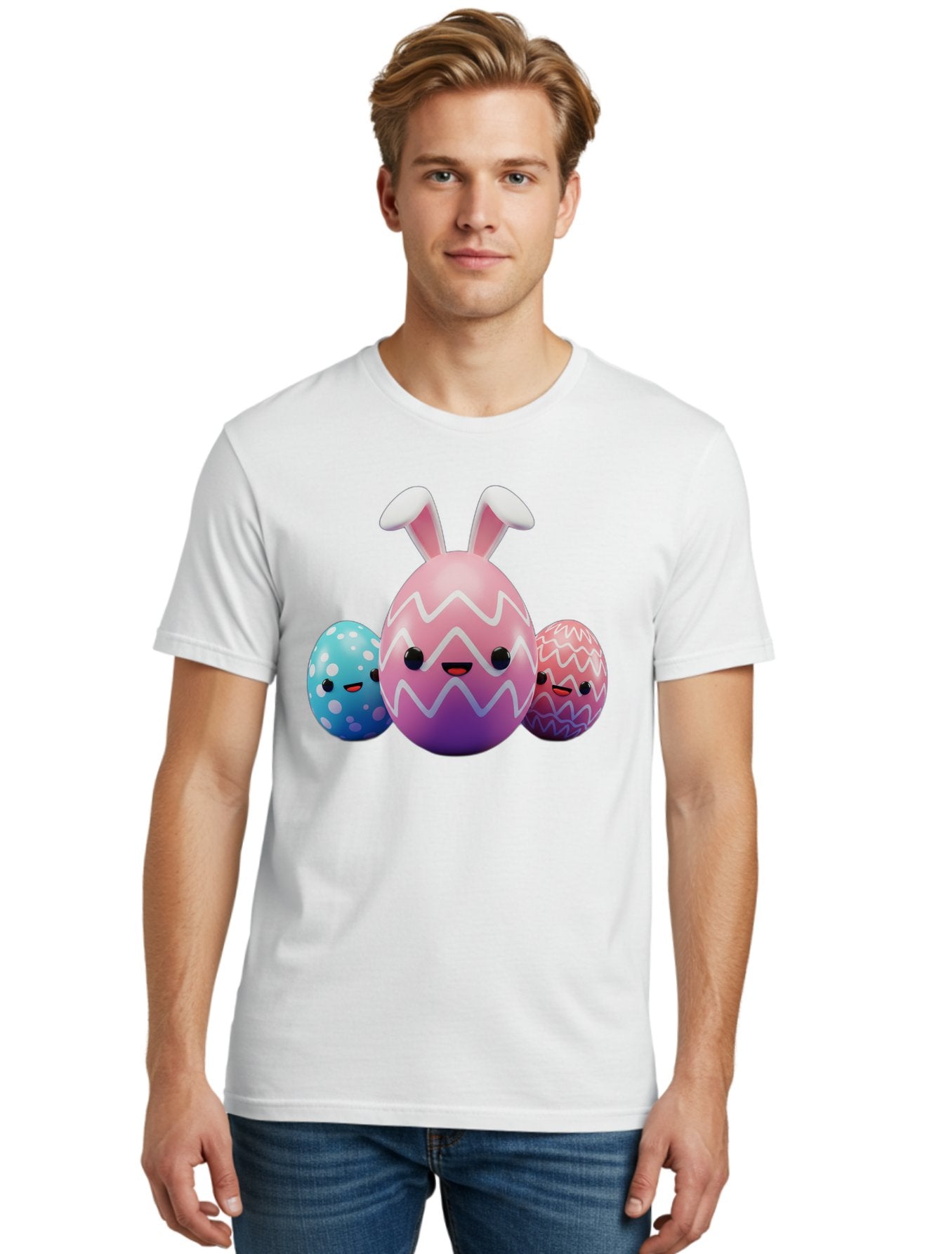 Easter-Eggs-With-Bunny-Ears Men'S Graphic Tee, 100% Cotton, Comfortable Casual Summer Wear, Machine Washable, Easter Eggs, Colorful Eggs, Decorated Eggs, Festive Eggs, Egg Hunt, Spring Season, Pastel Colors, Cute Eggs, Easter Celebration, Baa624 28