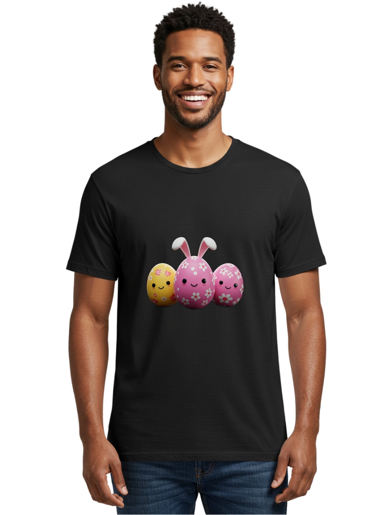 Easter-Eggs-With-Flowers Men'S Graphic Tee, 100% Cotton, Comfortable Casual Summer Wear, Machine Washable, Easter Eggs, Floral Patterns, Cute Characters, Smiling Faces, Bunny Ears, Pastel Colors, Happy Easter, Spring Decorations, Baa625 29