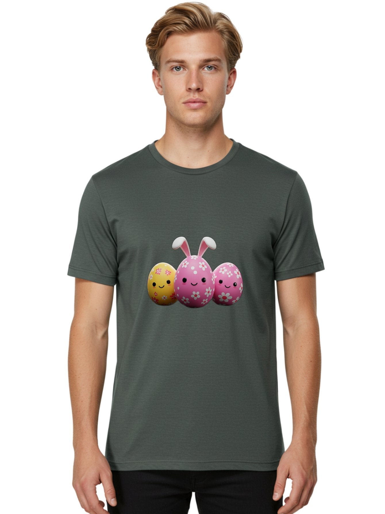 Easter-Eggs-With-Flowers Men'S Graphic Tee, 100% Cotton, Comfortable Casual Summer Wear, Machine Washable, Easter Eggs, Floral Patterns, Cute Characters, Smiling Faces, Bunny Ears, Pastel Colors, Happy Easter, Spring Decorations, Baa625 23