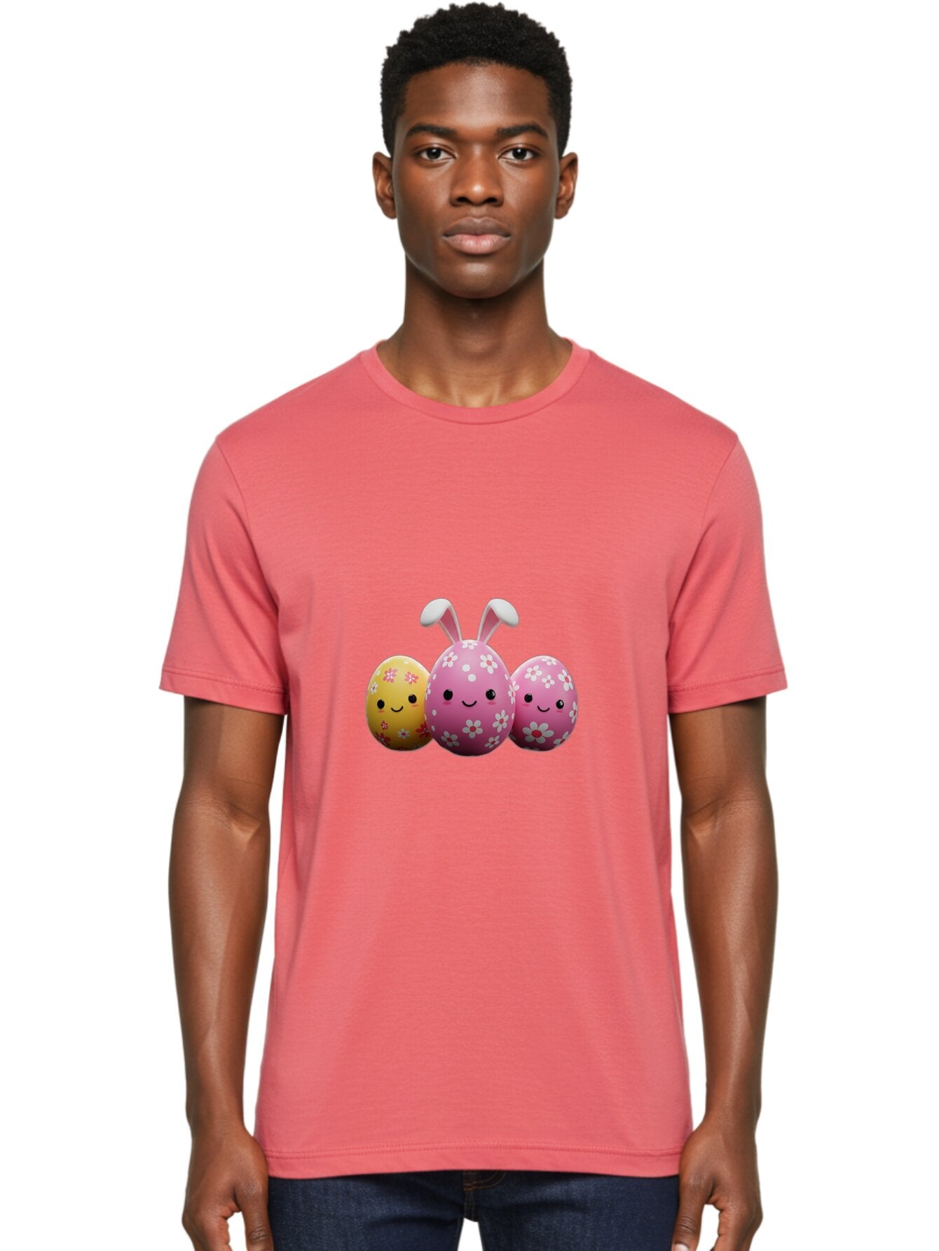Easter-Eggs-With-Flowers Men'S Graphic Tee, 100% Cotton, Comfortable Casual Summer Wear, Machine Washable, Easter Eggs, Floral Patterns, Cute Characters, Smiling Faces, Bunny Ears, Pastel Colors, Happy Easter, Spring Decorations, Baa625 21