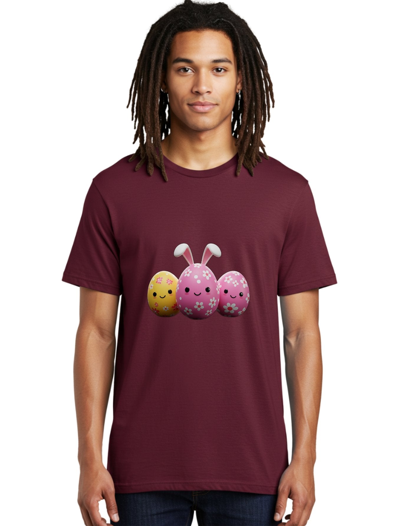 Easter-Eggs-With-Flowers Men'S Graphic Tee, 100% Cotton, Comfortable Casual Summer Wear, Machine Washable, Easter Eggs, Floral Patterns, Cute Characters, Smiling Faces, Bunny Ears, Pastel Colors, Happy Easter, Spring Decorations, Baa625 26