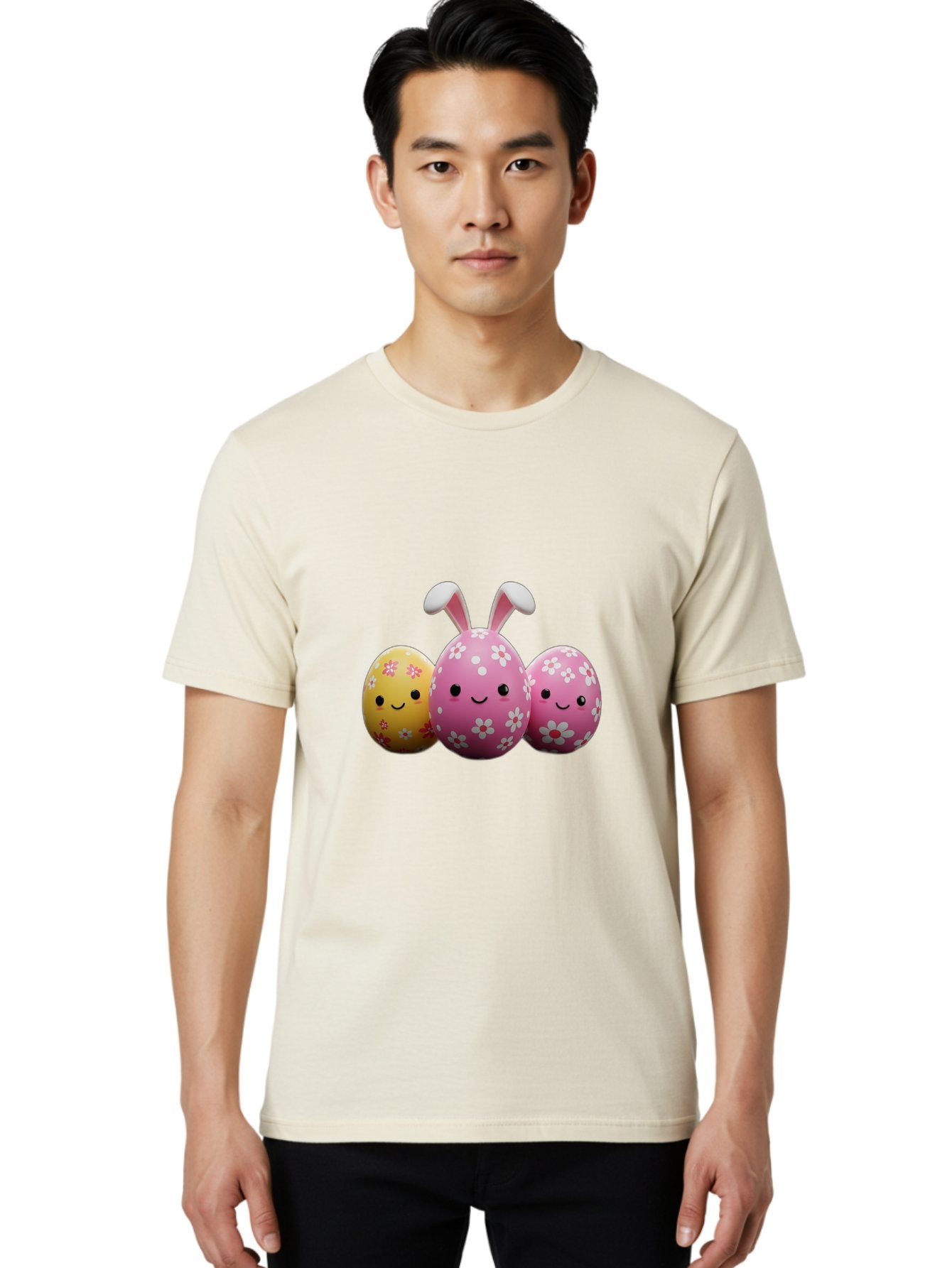 Easter-Eggs-With-Flowers Men'S Graphic Tee, 100% Cotton, Comfortable Casual Summer Wear, Machine Washable, Easter Eggs, Floral Patterns, Cute Characters, Smiling Faces, Bunny Ears, Pastel Colors, Happy Easter, Spring Decorations, Baa625 16
