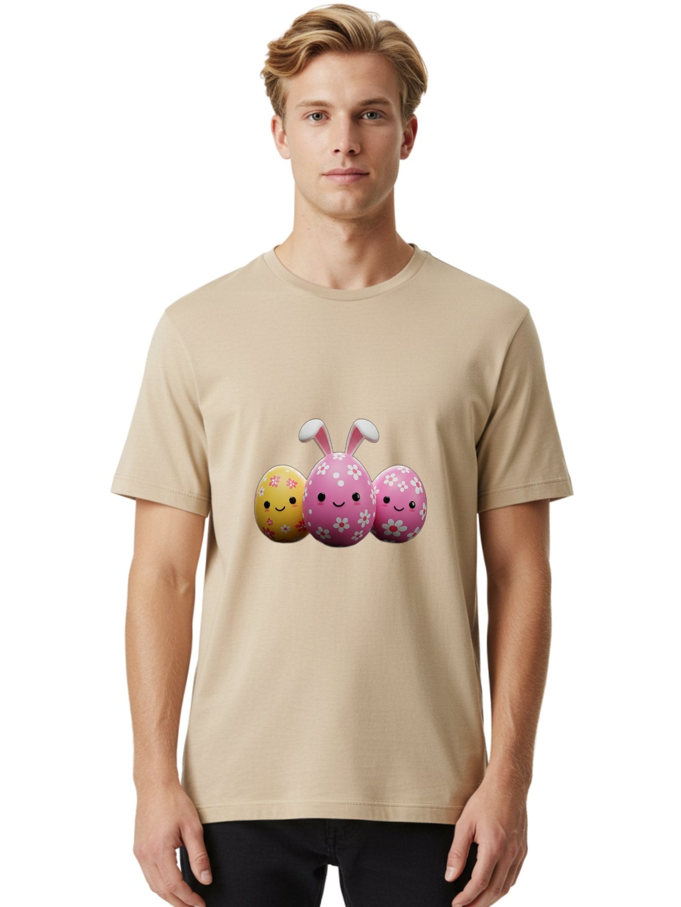 Easter-Eggs-With-Flowers Men'S Graphic Tee, 100% Cotton, Comfortable Casual Summer Wear, Machine Washable, Easter Eggs, Floral Patterns, Cute Characters, Smiling Faces, Bunny Ears, Pastel Colors, Happy Easter, Spring Decorations, Baa625 19
