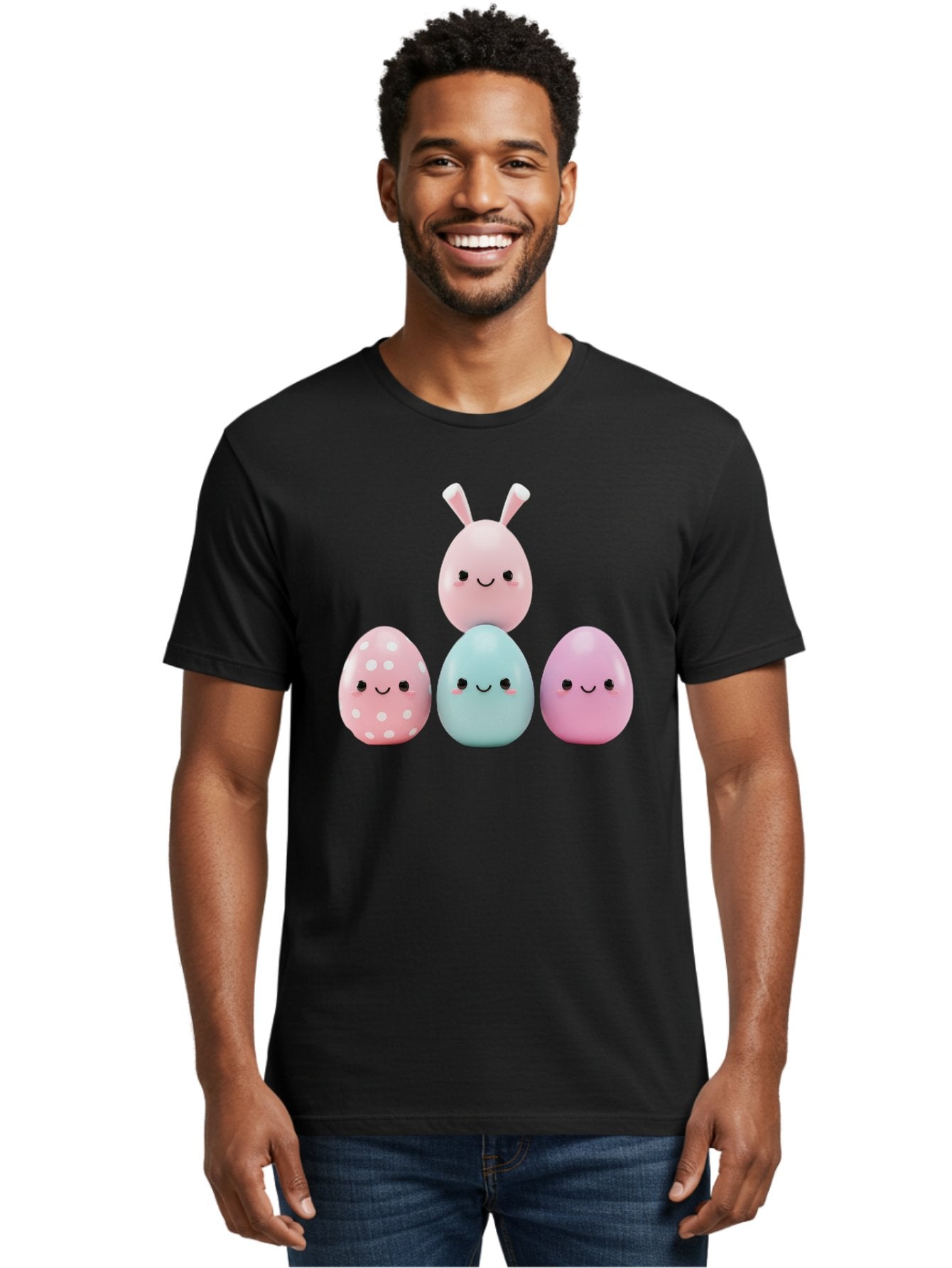 Easter-Eggs Men'S Graphic Tee, 100% Cotton, Comfortable Casual Summer Wear, Machine Washable, Easter Eggs, Cartoon Eggs, Smiling Eggs, Pastel Colors, Decorative Eggs, Easter Theme, Cute Eggs, Egg Characters, Digital Illustration, Baa626 25