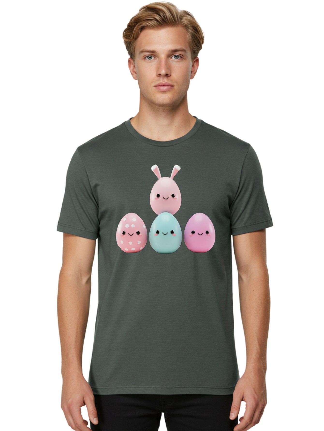 Easter-Eggs Men'S Graphic Tee, 100% Cotton, Comfortable Casual Summer Wear, Machine Washable, Easter Eggs, Cartoon Eggs, Smiling Eggs, Pastel Colors, Decorative Eggs, Easter Theme, Cute Eggs, Egg Characters, Digital Illustration, Baa626 22