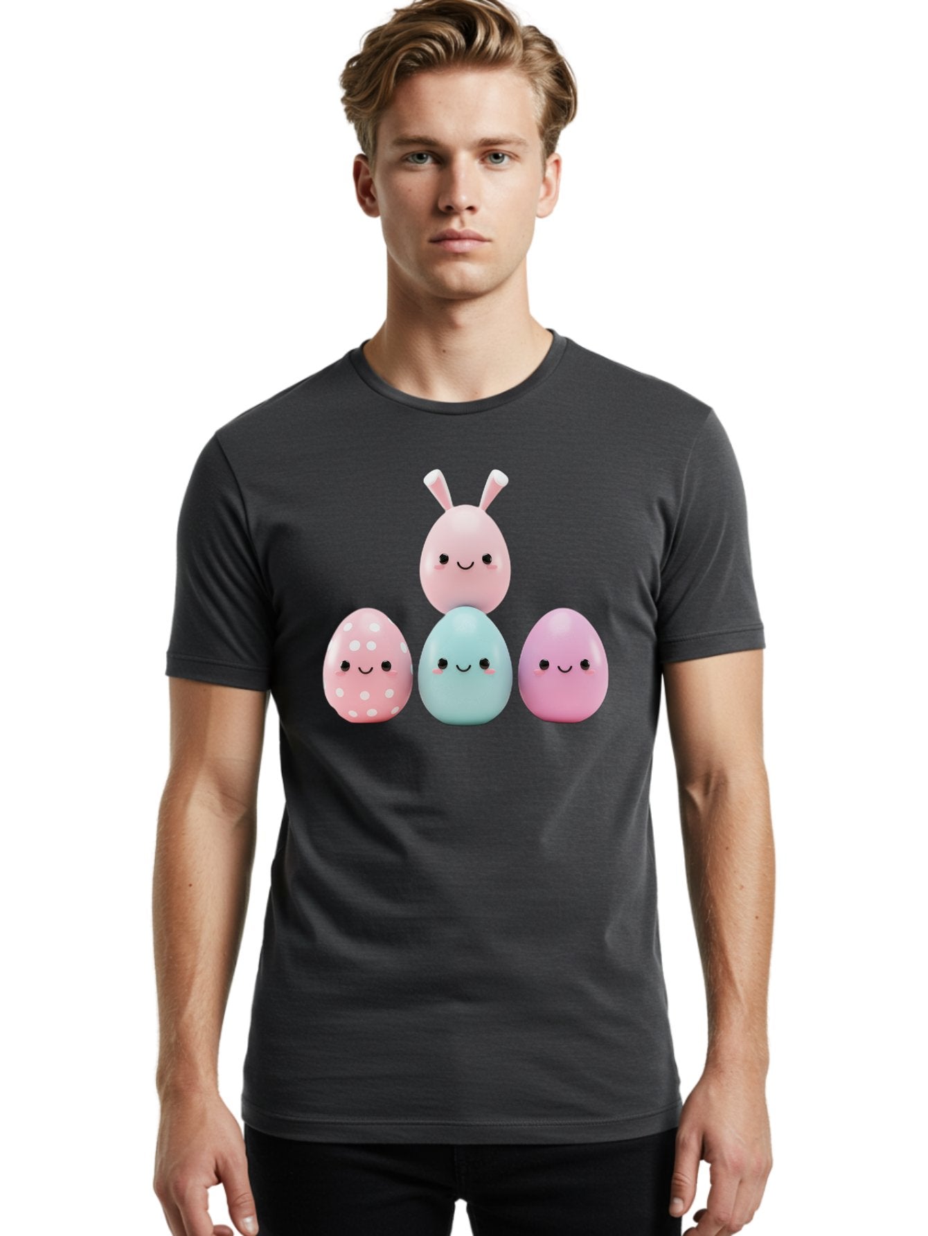 Easter-Eggs Men'S Graphic Tee, 100% Cotton, Comfortable Casual Summer Wear, Machine Washable, Easter Eggs, Cartoon Eggs, Smiling Eggs, Pastel Colors, Decorative Eggs, Easter Theme, Cute Eggs, Egg Characters, Digital Illustration, Baa626 18