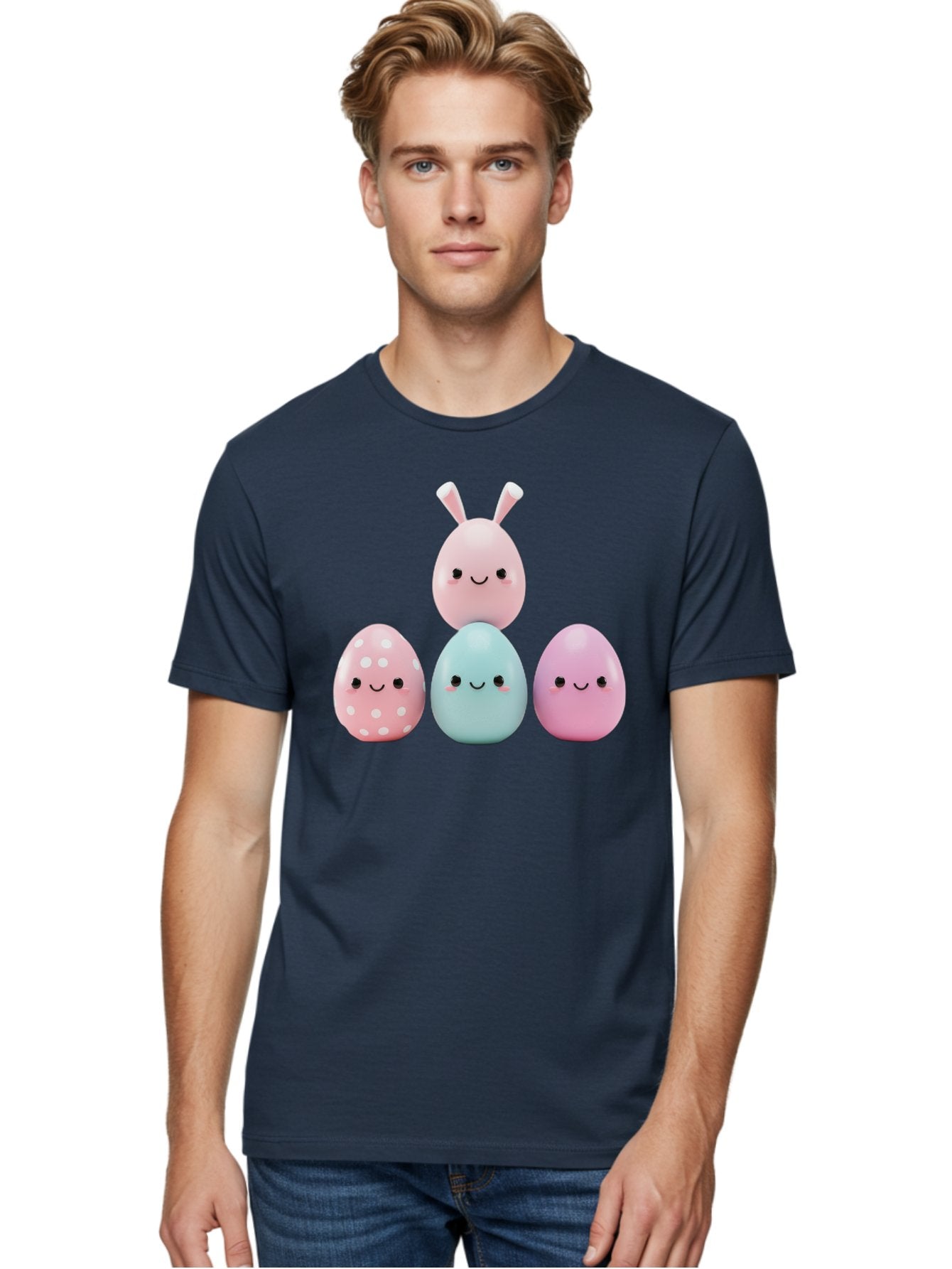 Easter-Eggs Men'S Graphic Tee, 100% Cotton, Comfortable Casual Summer Wear, Machine Washable, Easter Eggs, Cartoon Eggs, Smiling Eggs, Pastel Colors, Decorative Eggs, Easter Theme, Cute Eggs, Egg Characters, Digital Illustration, Baa626 17