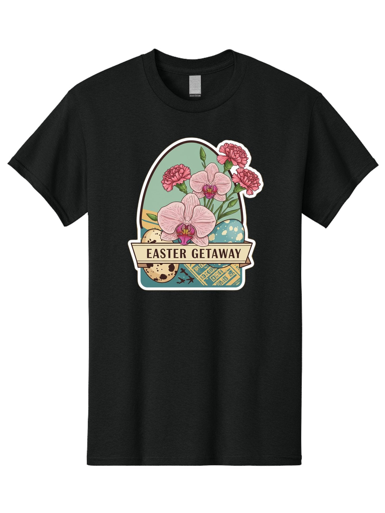 Easter-Getaway Men'S Graphic Tee, 100% Cotton, Comfortable Casual Summer Wear, Machine Washable, Easter Getaway, Easter Egg, Pink Orchids, Carnations, Eggs, Birds, Decorative Egg, Easter Flowers, Spring Flowers, Pastel Colors, Baa628 13