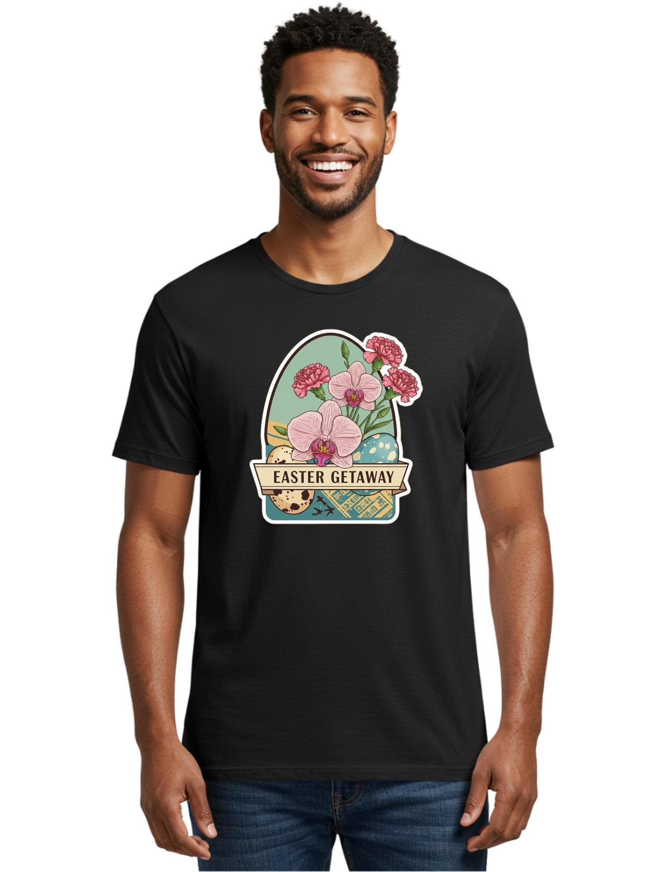 Easter-Getaway Men'S Graphic Tee, 100% Cotton, Comfortable Casual Summer Wear, Machine Washable, Easter Getaway, Easter Egg, Pink Orchids, Carnations, Eggs, Birds, Decorative Egg, Easter Flowers, Spring Flowers, Pastel Colors, Baa628 20